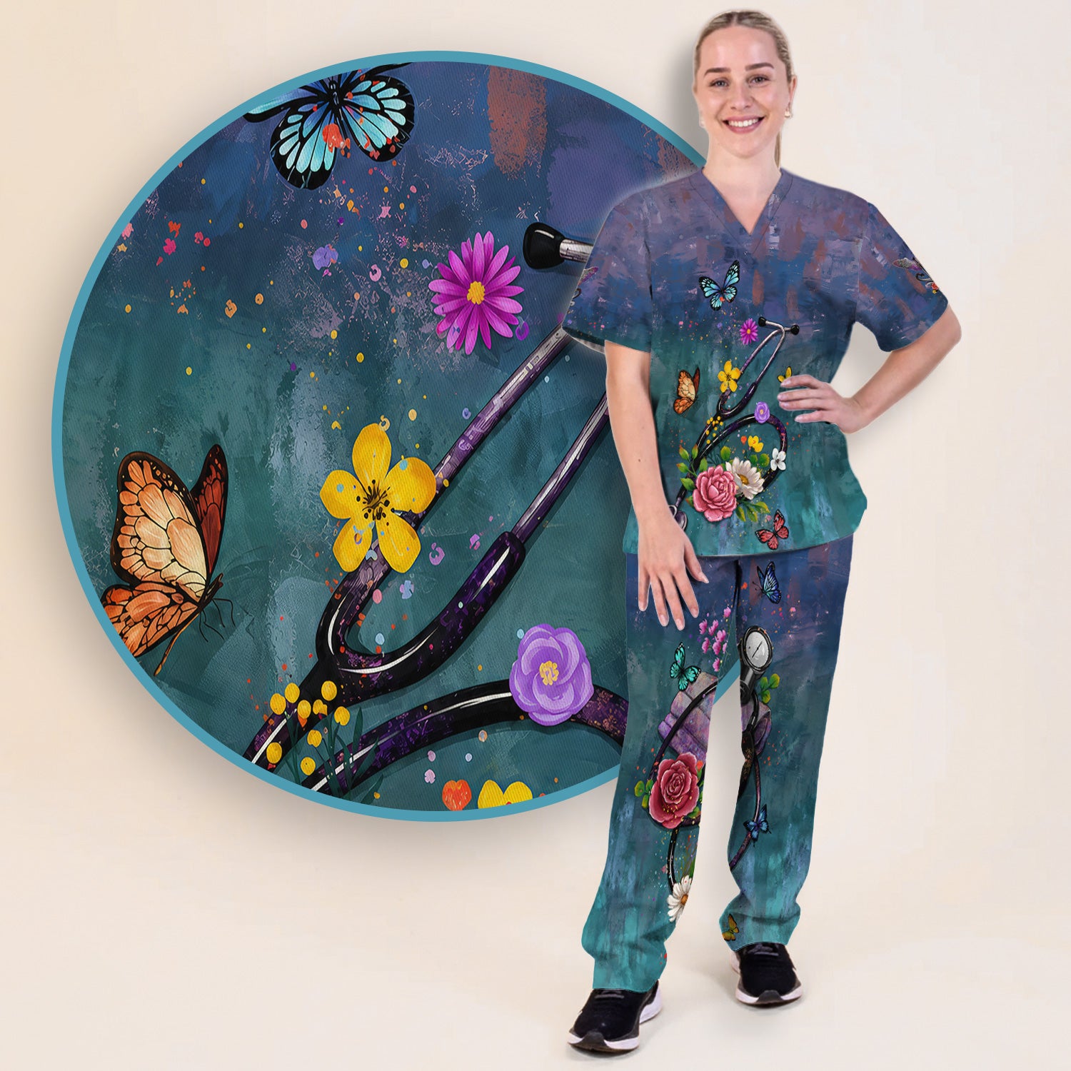 Floral Stethoscope Nurse Pattern Scrub Set, Scrub Pants and V Neck Top