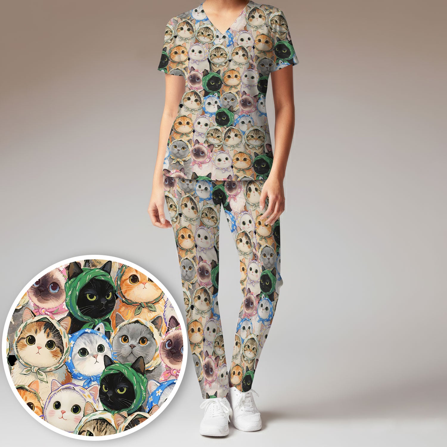 Adorable Multi Cat Portrait Pattern Scrub Set, Scrub Pants and V Neck Top