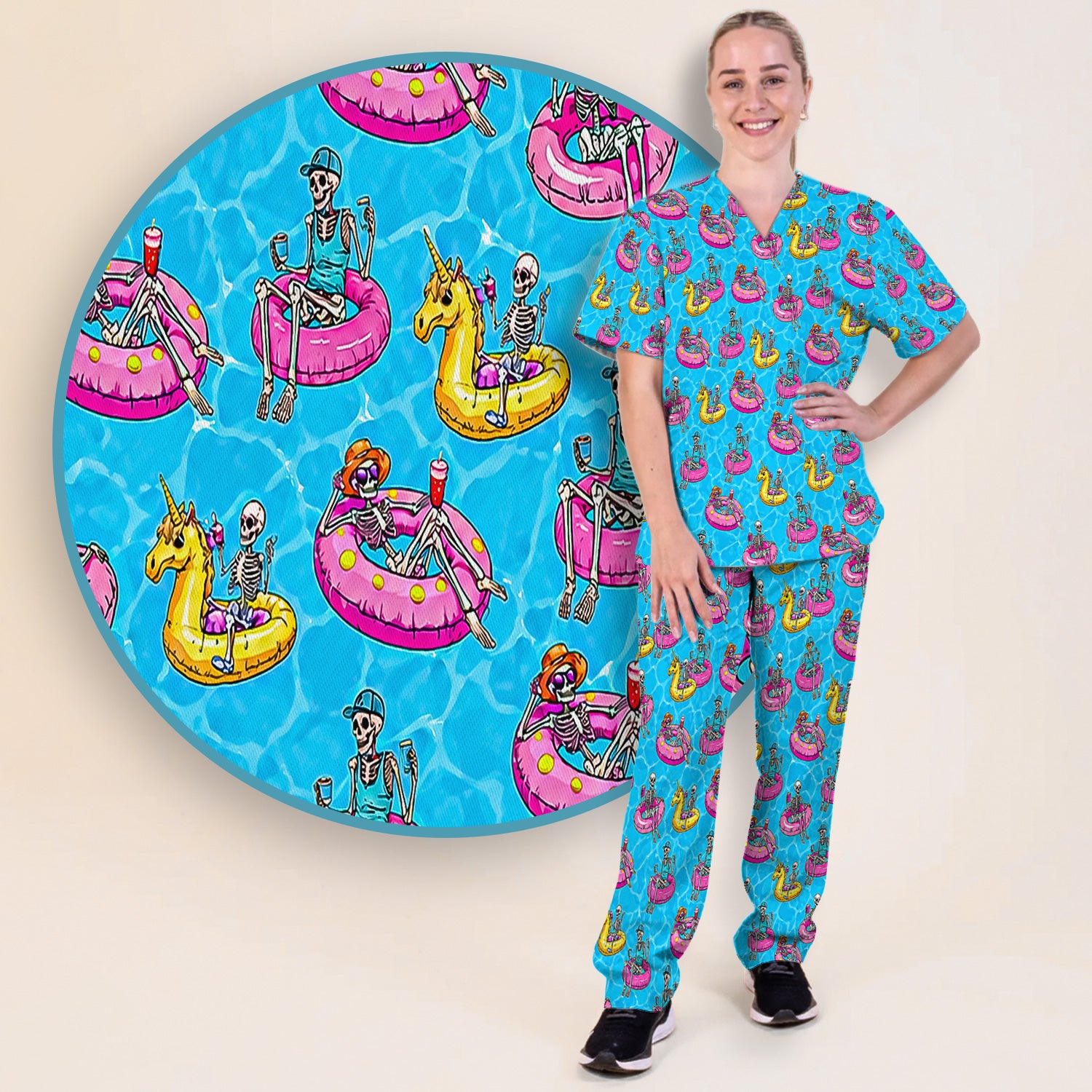 Summerween Skeleton with Pool Float Print Scrub Set, Scrub Pants and V Neck Top