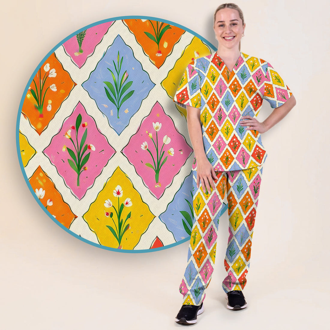 Cute Colorful Floral Tile Pattern Scrub Set, Women's Scrub Sets