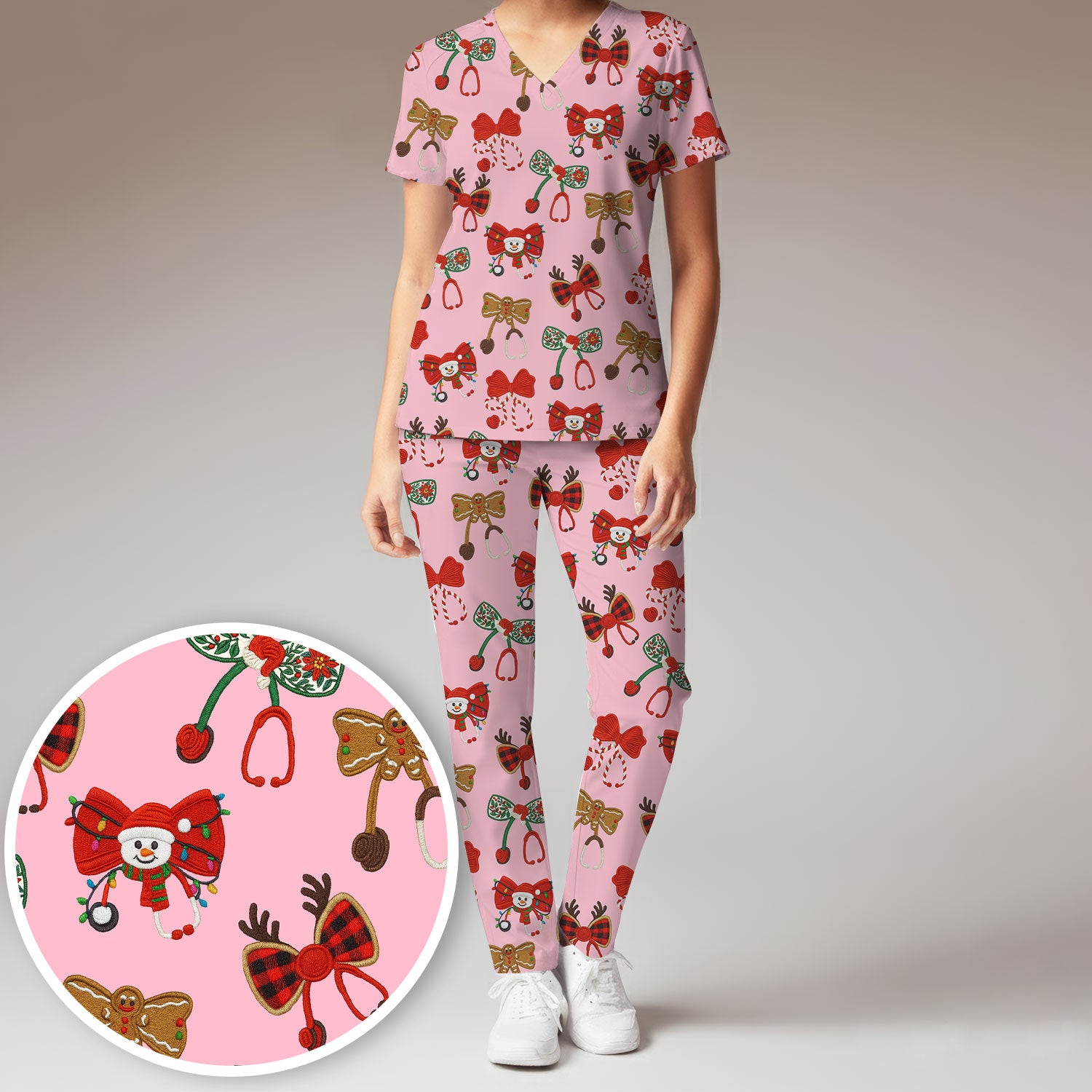 Christmas Stethoscope Bow Nurse Scrub Set, Xmas Pattern Scrub Shirt, Holiday Nursing Uniform