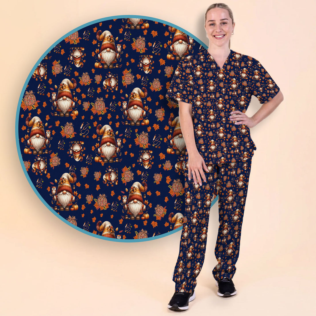 Autumn Leaves Pumpkin Scrubs Set for Women - Gnome Scrubs for Nurse Mama - Breathable Fabrics Nursing Uniform