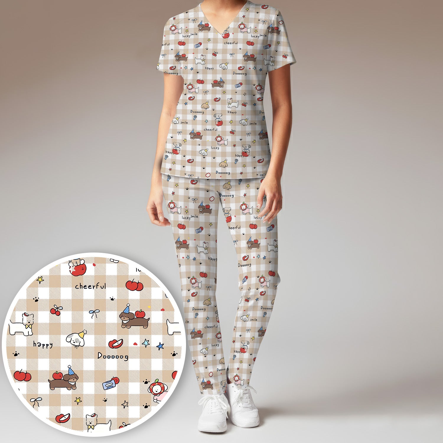 Cute Nurse Cartoon Puppy Apple Gingham Scrub Top, Breathable Fabrics Nursing Uniform