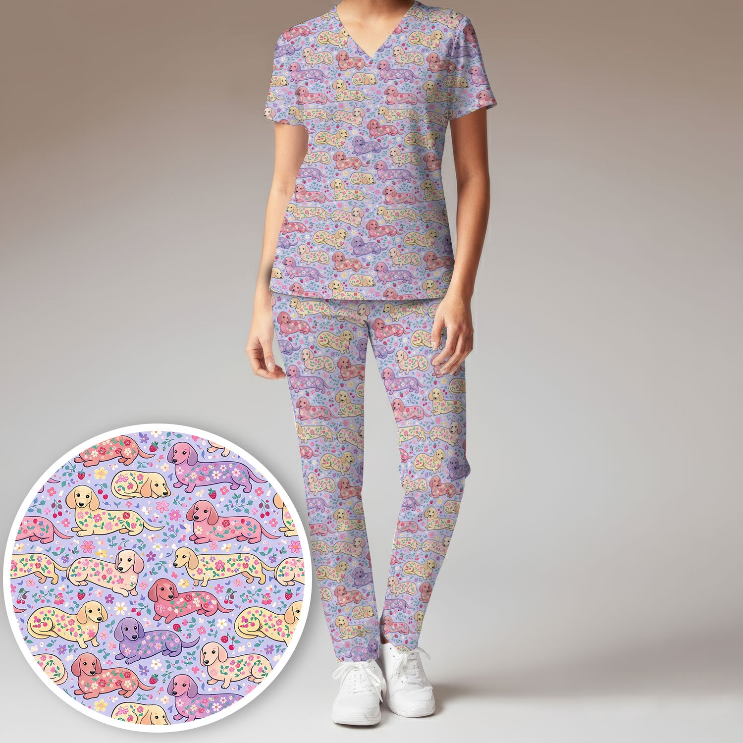 Cute Dachshund Floral Pattern Scrub Set, Scrub Pants and V Neck Top