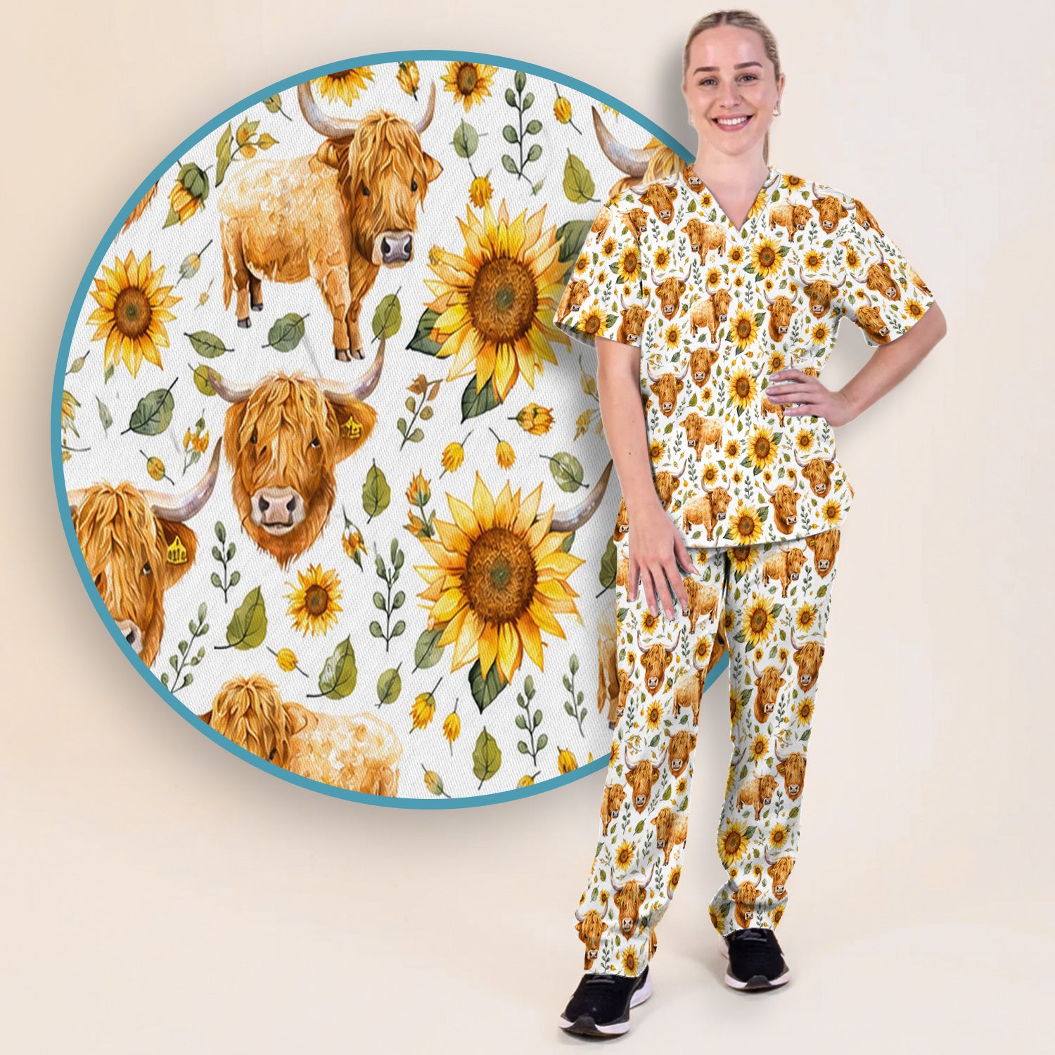 Highland Cow Sunflower Pattern Scrub Set, Scrub Pants and V Neck Top