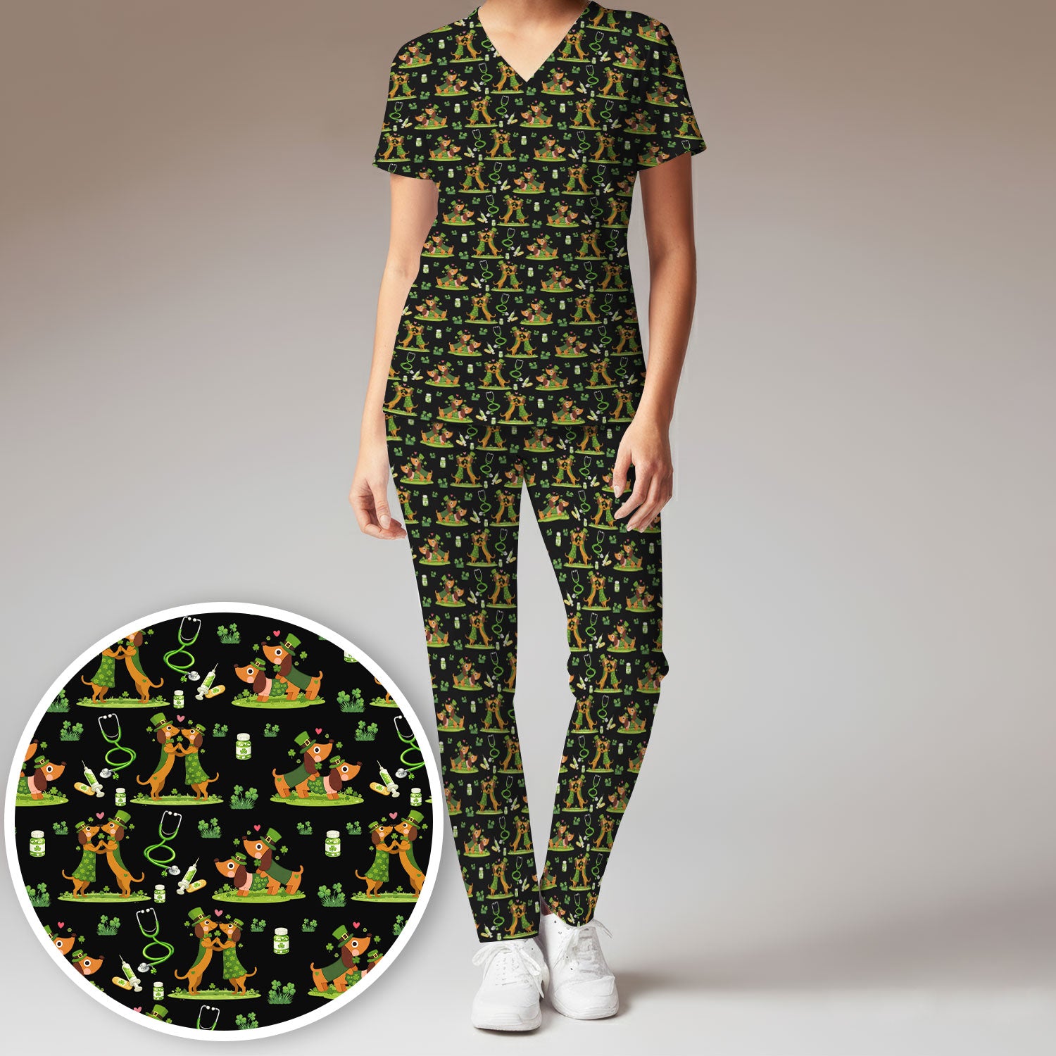 Valentine Cute Dachshund Nurse Set, Dog Heart Pattern, Breathable Nursing Uniform