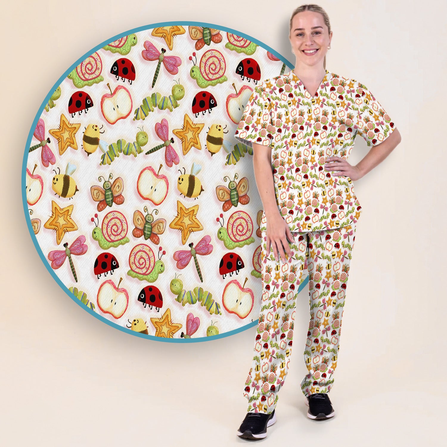 Cute Nurse Snail Ladybug Caterpillar Apple Garden Pattern Scrub Set, Breathable Med Uniform