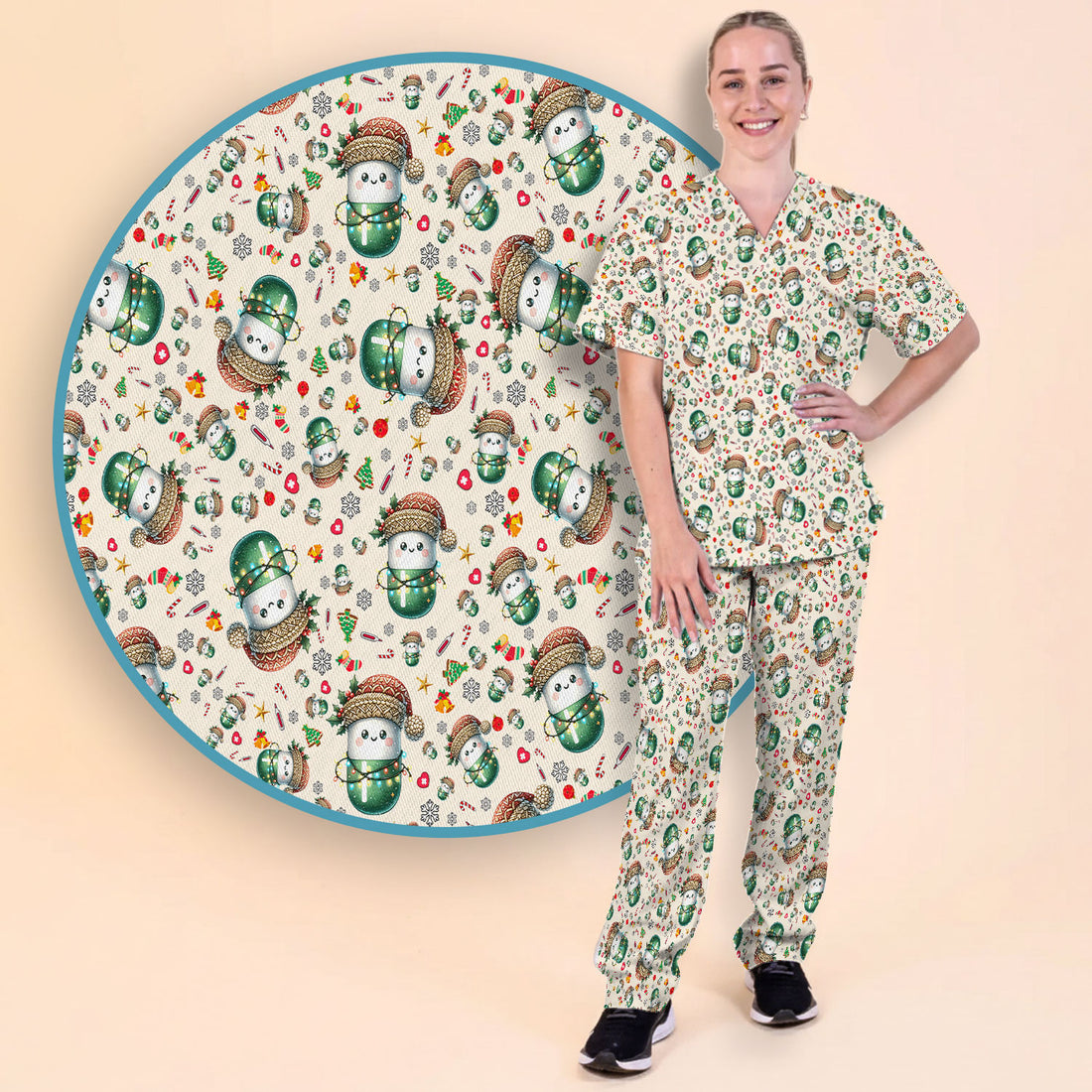 Pharmacy Tech Christmas Scrub Set – Cute Green Snowman Print Nurse Outfit – Funny Holiday Medical Uniform for Pharmacists