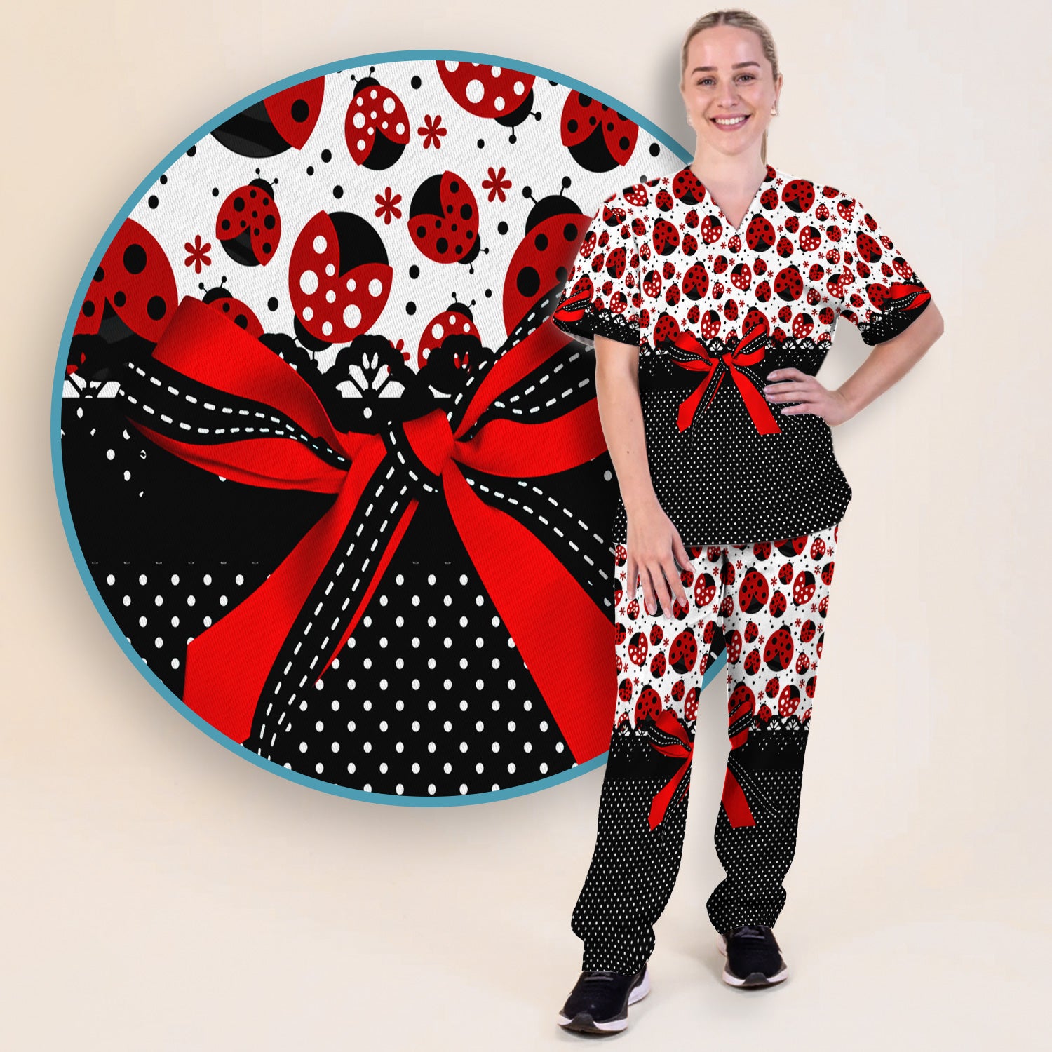Cute Ladybug Red Ribbon Polka Pattern Scrub Set, Scrub Pants and V Neck Top