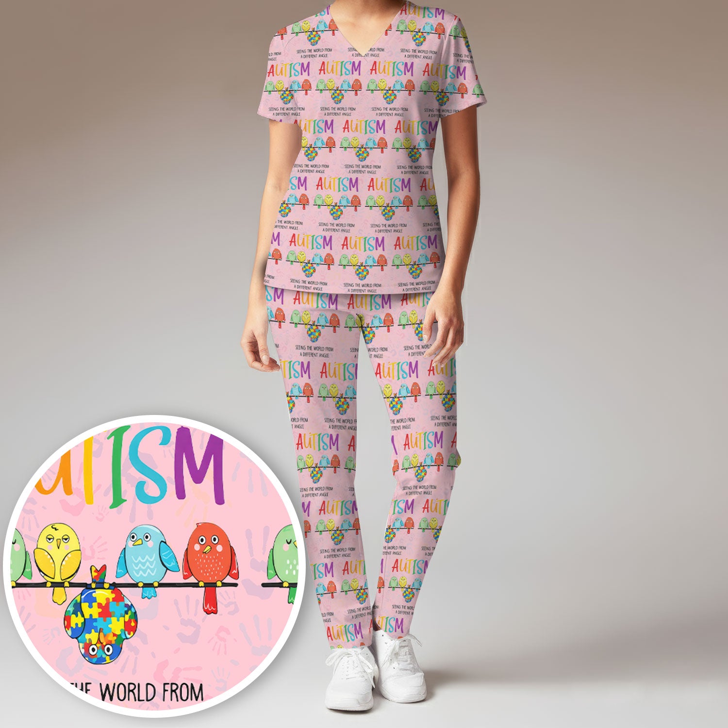 Autism Seeing The World From A Different Angle Birds Scrub Set, Breathable Med Uniform