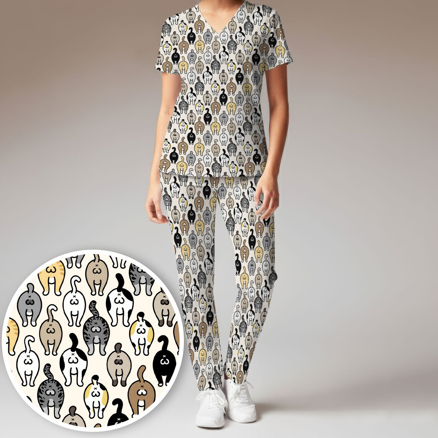 Cat Lover Nurse Scrub Set, Funny Cat Butt Pattern Medical Shirt, Breathable Fabrics Nursing Uniform
