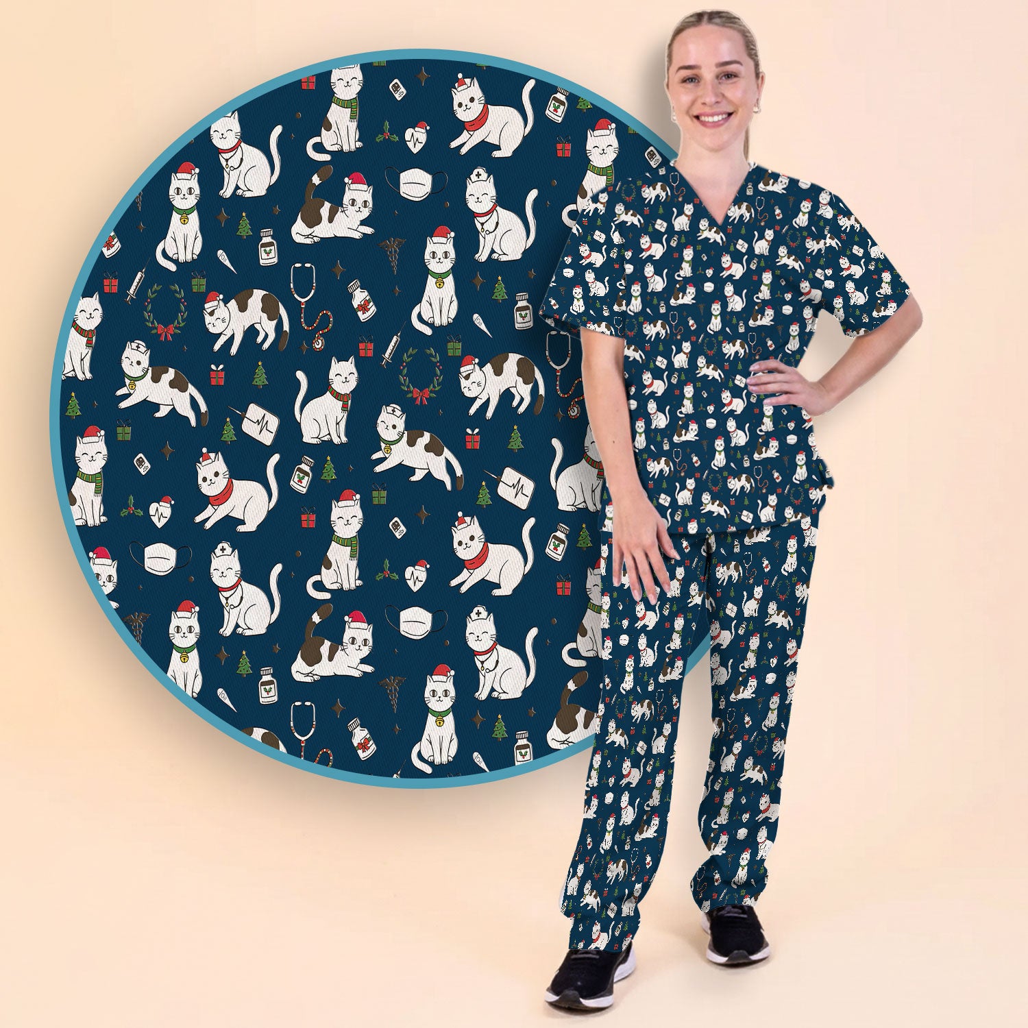 Christmas Cat Scrub Set – Festive Nurse & Holiday Kitty Pattern – Cute Medical Uniform for Nurses, Vets and Healthcare Workers