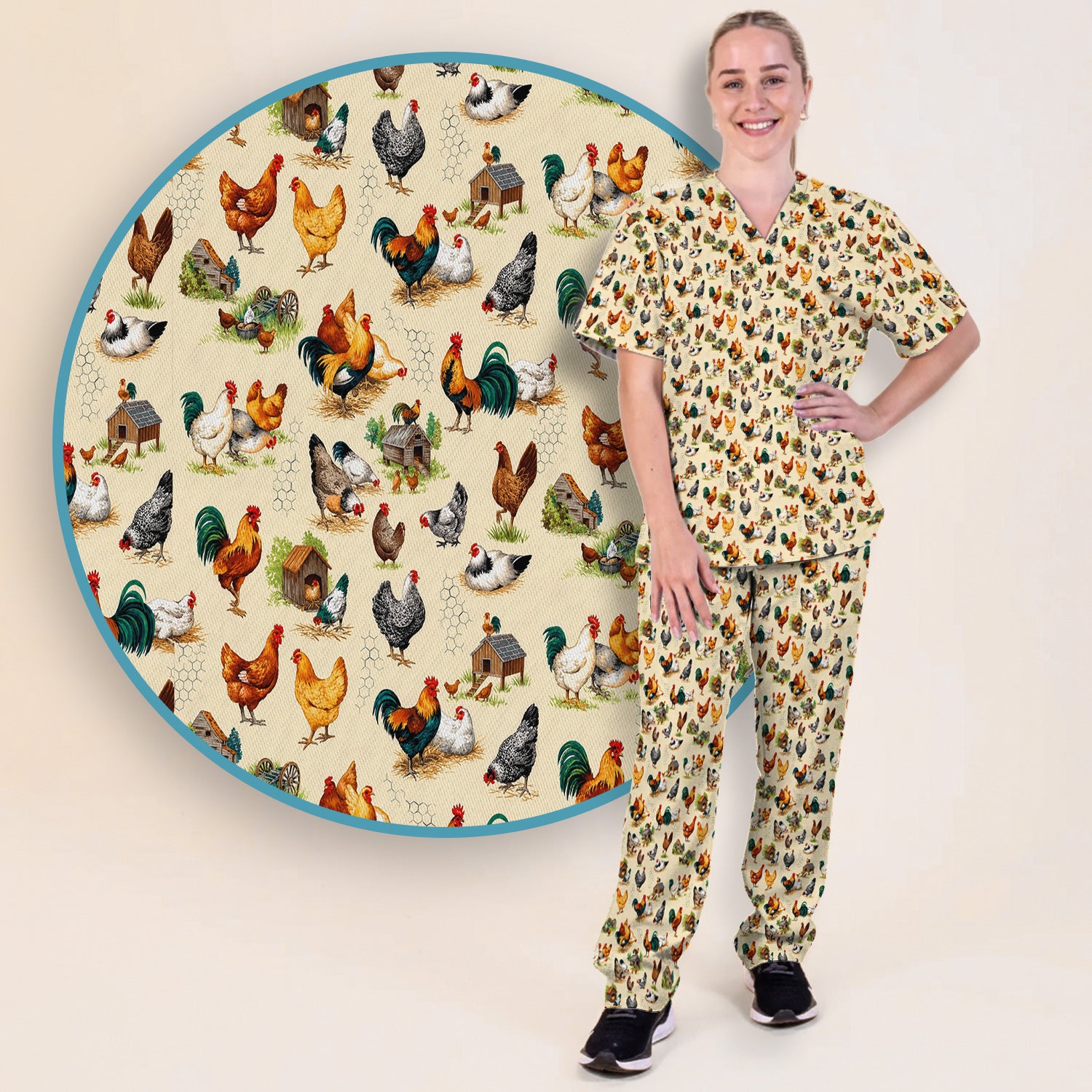 Farm Chicken Rooster Coop Pattern Scrub Set, Scrub Pants and V Neck Top