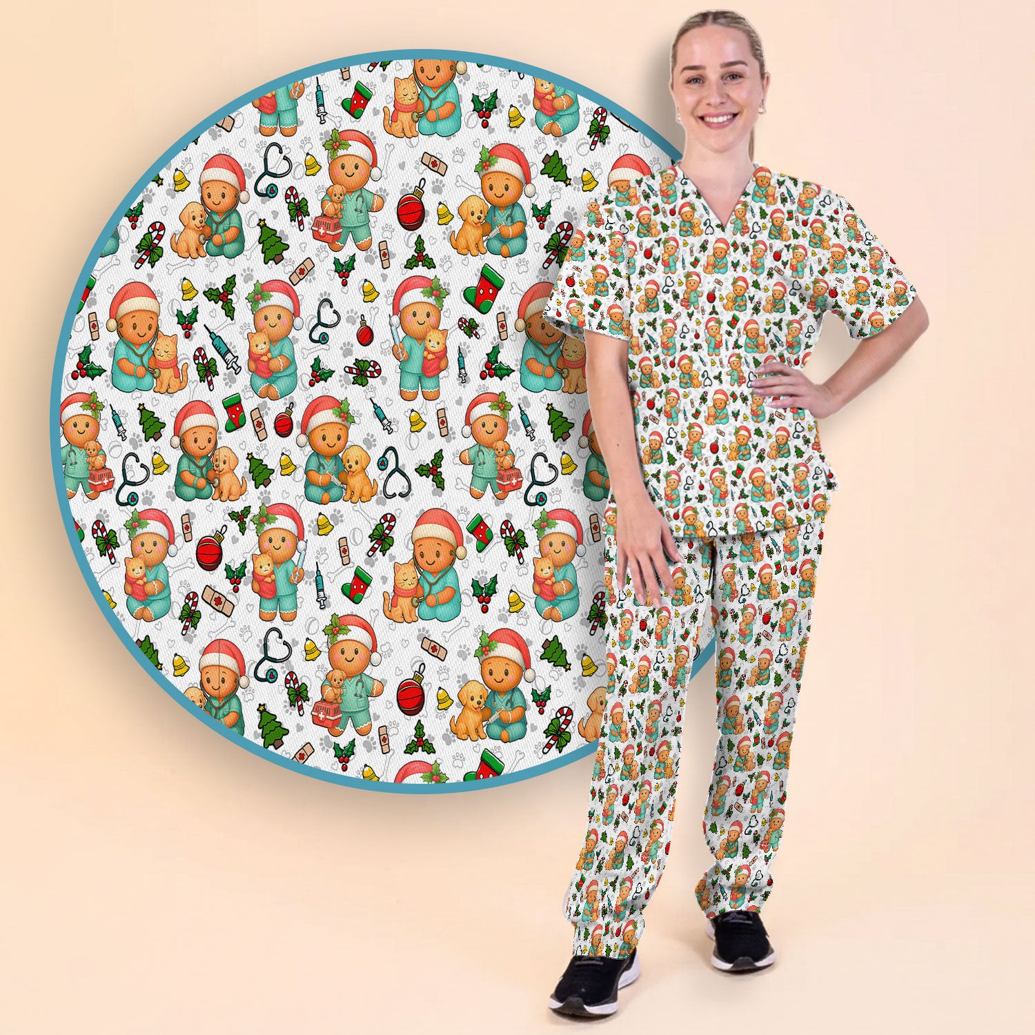 Cute Pharmacy Christmas Scrub Set – Funny Gingerbread Nurse Print Shirt – Festive Holiday Medical Uniform for Pharmacy Tech and Doctor