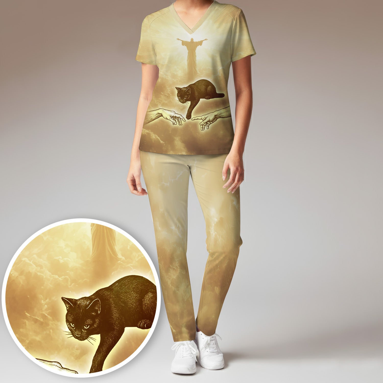 Golden Angel Cat Art Medical Scrub Set V Neck Nursing Uniform