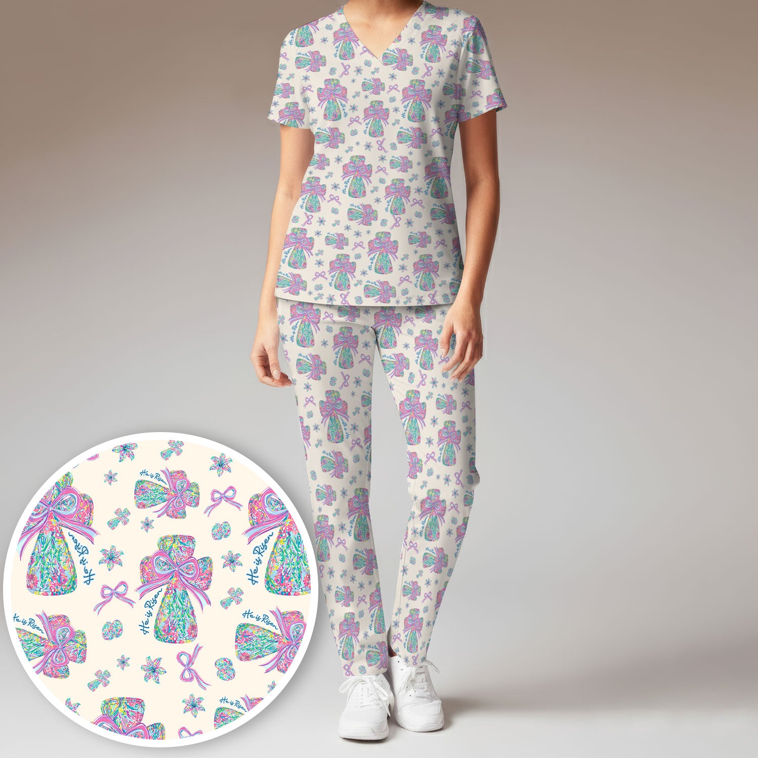 Colorful Bow Pattern Women's Scrub Sets, Breathable Med Uniform