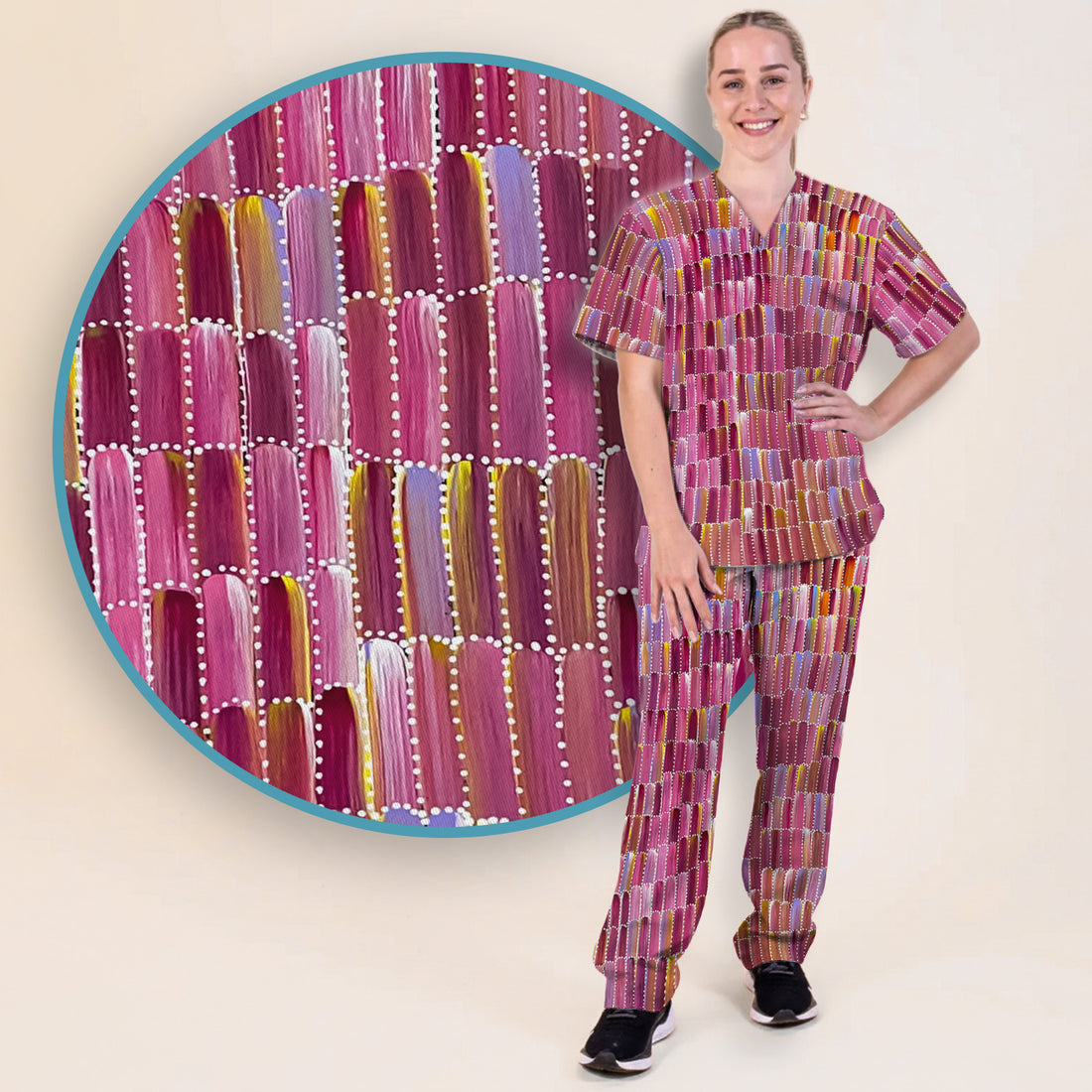 Colorful Abstract Brushstroke Dotted Pattern Scrub Set, Scrub Pants and V Neck Top