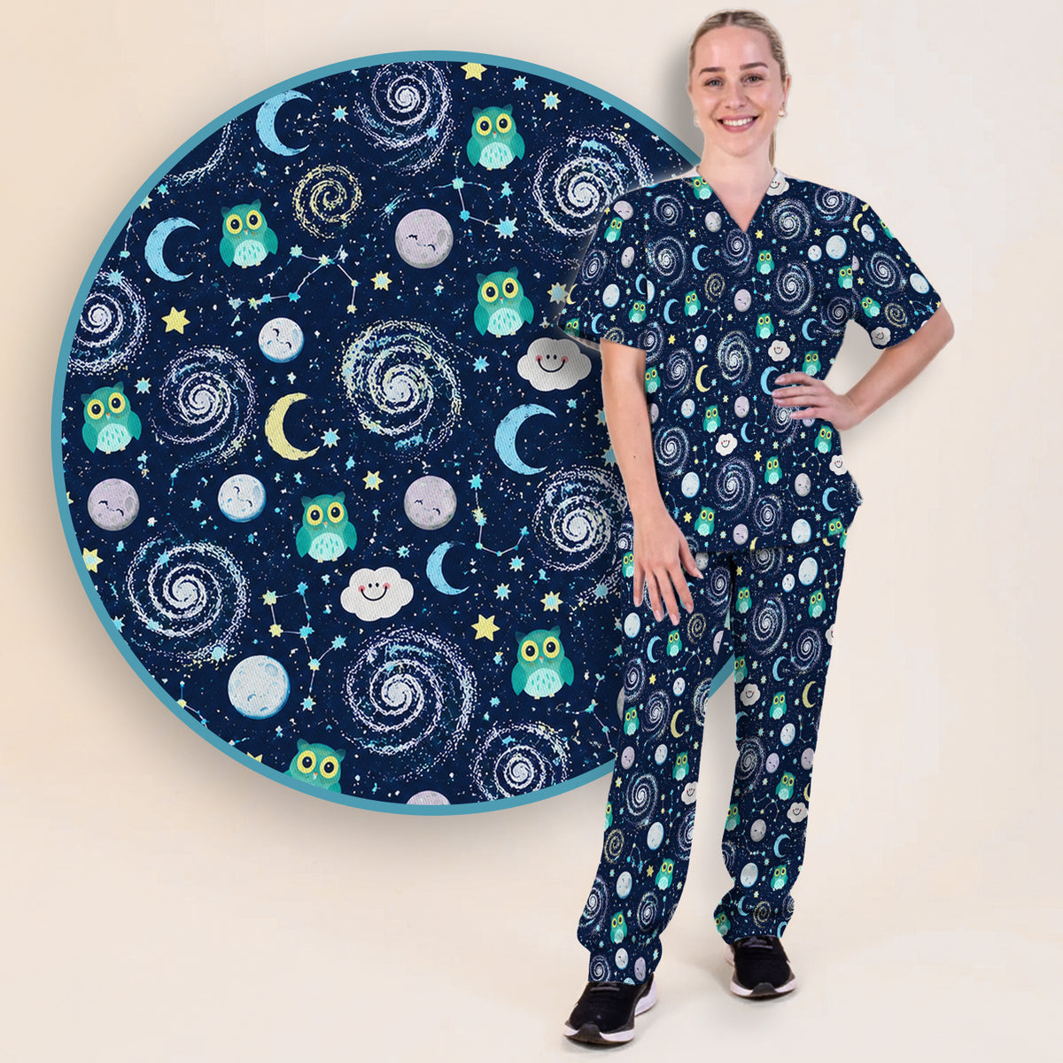 Cute Night Owl Galaxy Pattern Scrub Set, Scrub Pants and V Neck Top