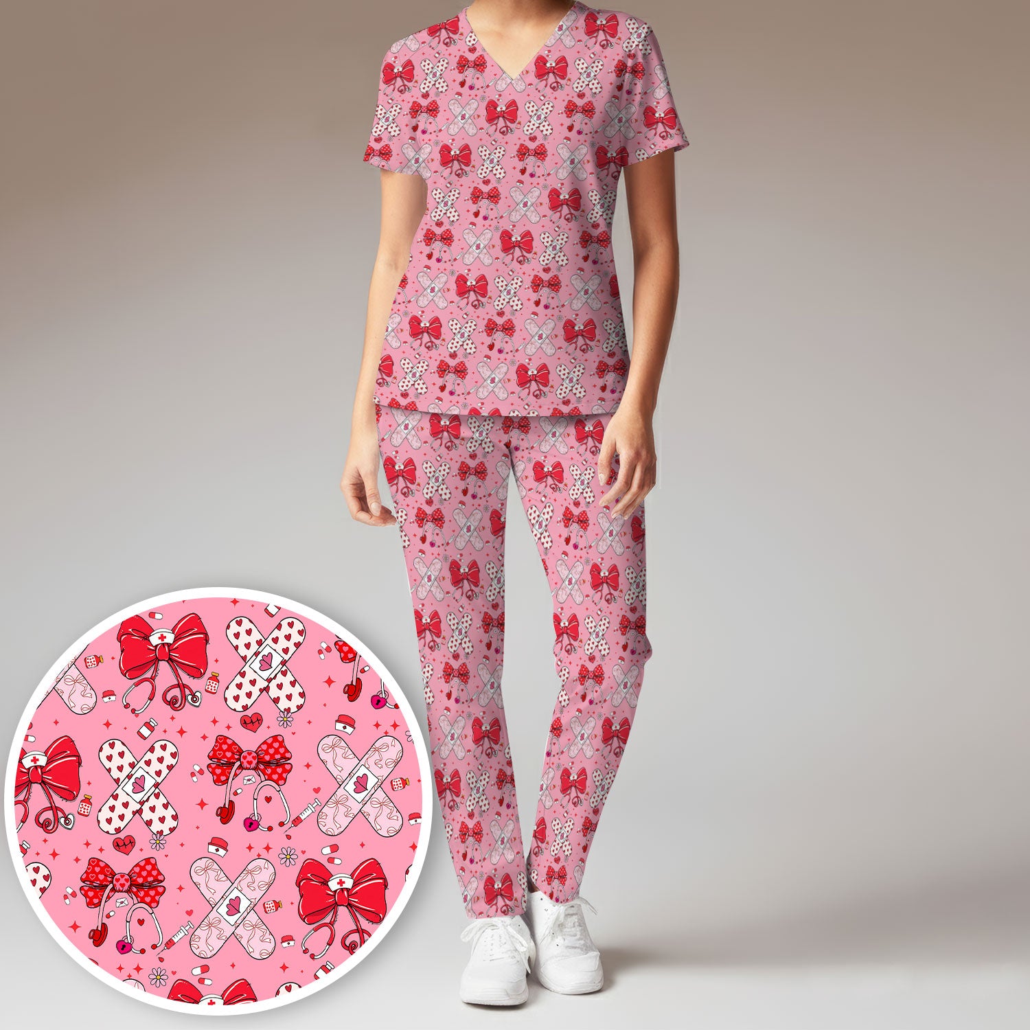 Valentine Nurse Scrub Set, Red Bow And Heart Bandage Pattern Medical Shirt, Breathable Fabrics Nursing Uniform