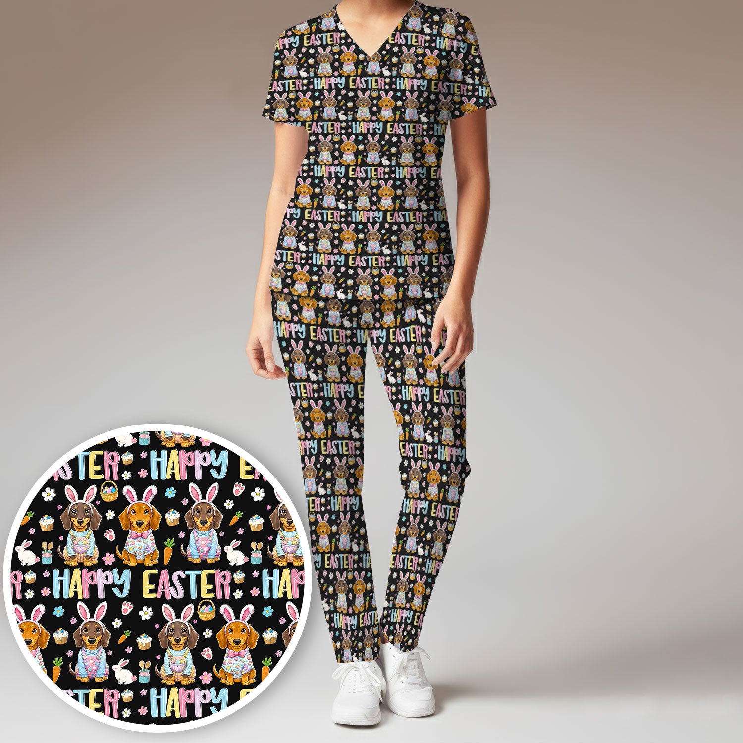 Happy Easter Dachshund Puppy Pattern Scrub Set, Breathable Med Uniform