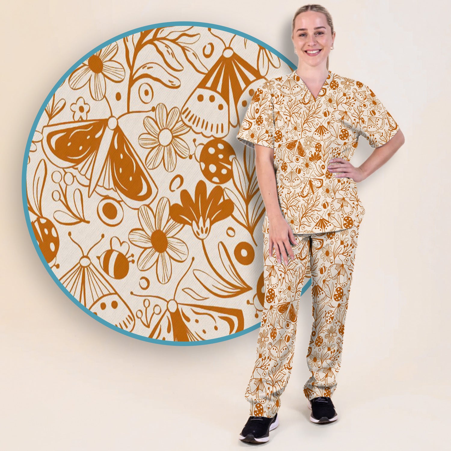 Butterfly Ladybug Floral Garden Pattern Scrub Set, Scrub Pants and V Neck Top