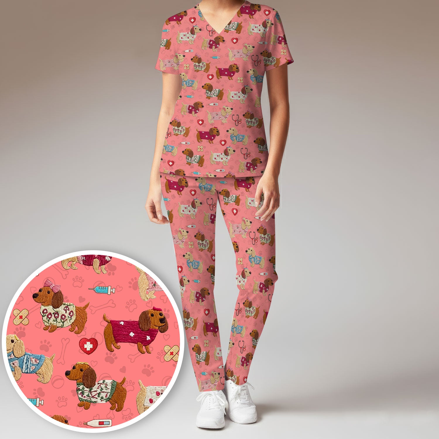 Cute Medical Wiener Dog Pattern Nurse Shirt, Dachshund Nursing Scrub Set, Breathable Fabrics Nursing Uniform
