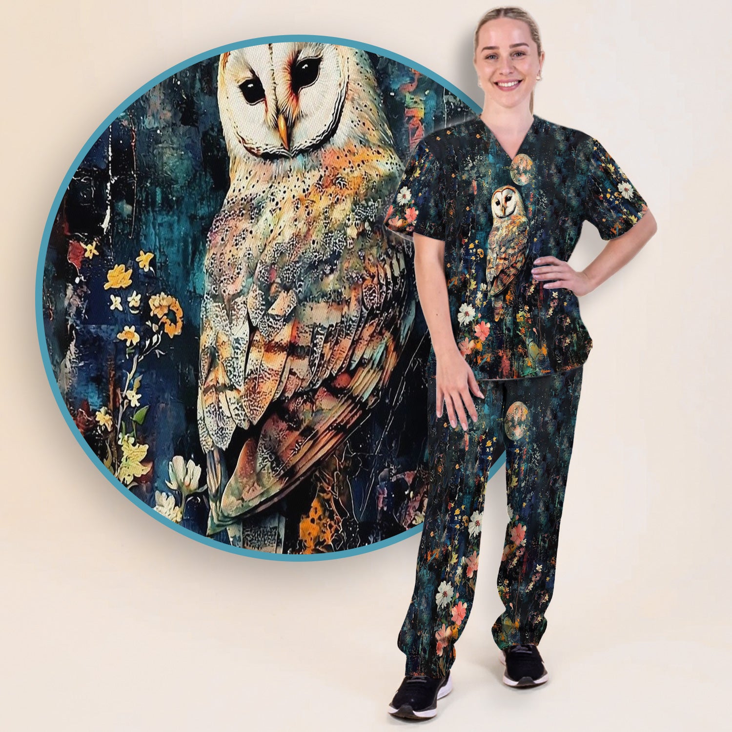 Moonlit Barn Owl Floral Pattern Scrub Set, Scrub Pants and V Neck Top