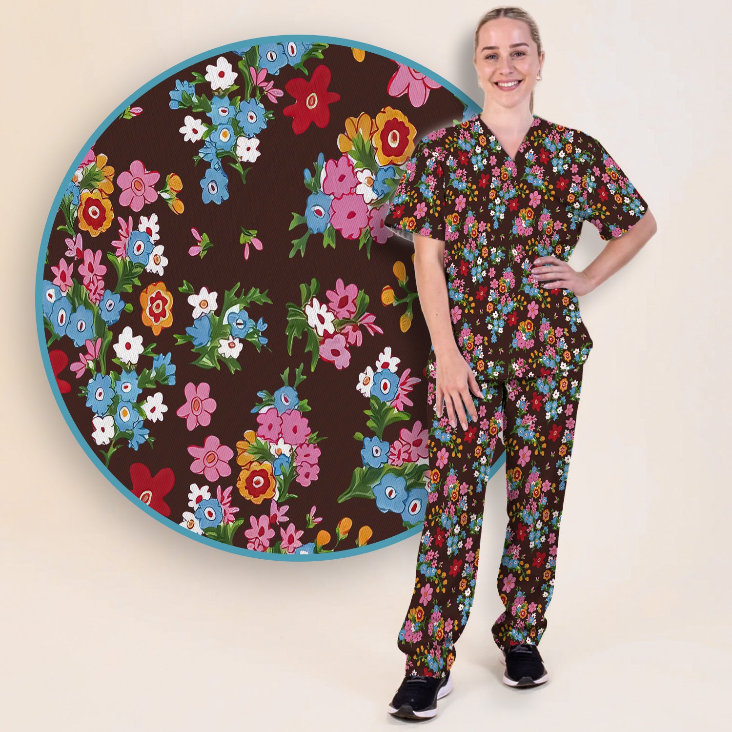 Charming Vintage Floral Bouquet Pattern Scrub Set, Nurse Uniform Scrubs Set