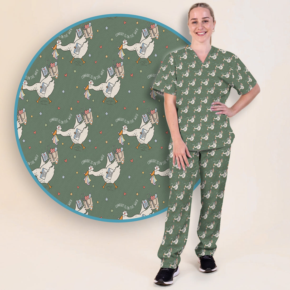 Cute Comfort Is On The Way Goose Scrub Set, Scrub Pants and V Neck Top