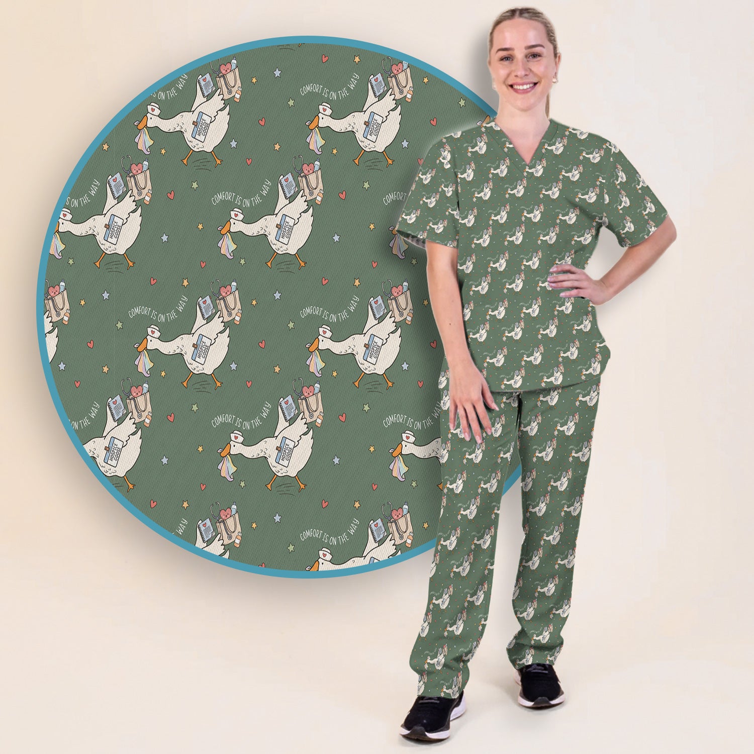 Cute Comfort Is On The Way Goose Scrub Set, Scrub Pants and V Neck Top