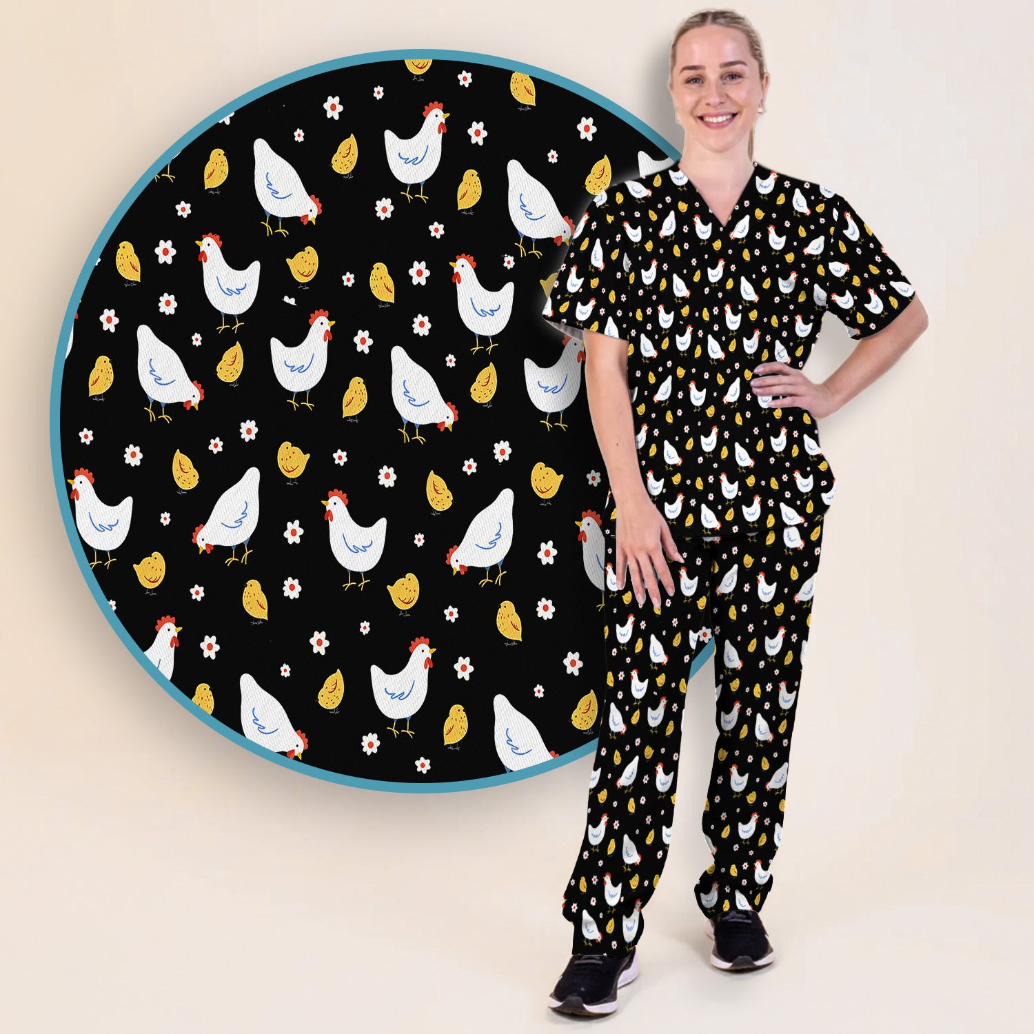 Chicken And Cute Chicks Pattern Scrubs Sets, Scrub Pants and V Neck Top