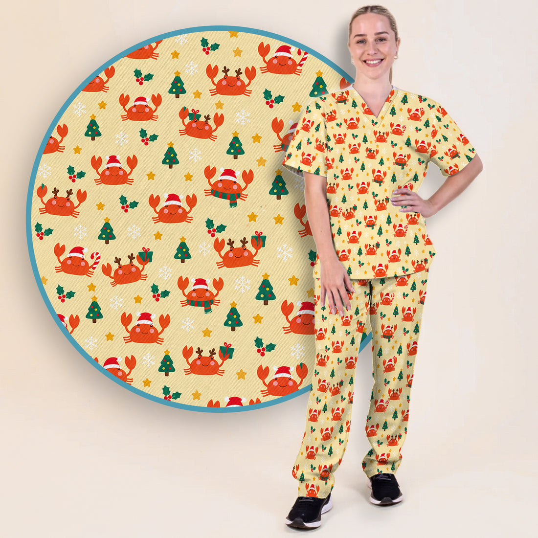 Christmas Crabs And Trees Pattern Scrub Set, Scrub Pants and V Neck Top