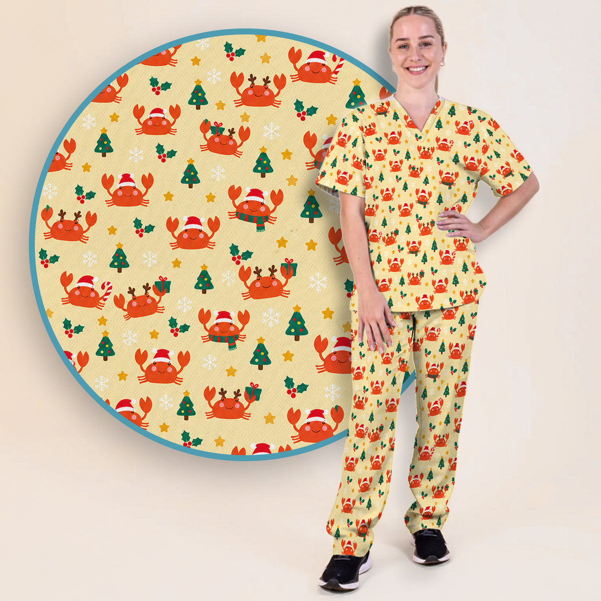 Christmas Crabs And Trees Pattern Scrub Set, Scrub Pants and V Neck Top