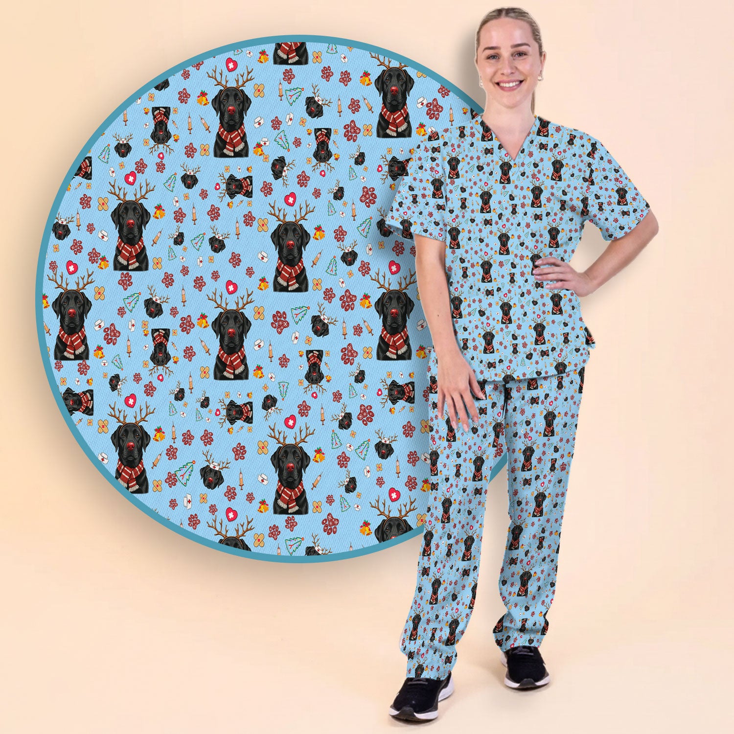 Black Lab Christmas Scrub Set - Funny Labrador Nursing Pants and V Neck Top - Cute Holiday Medical Uniform