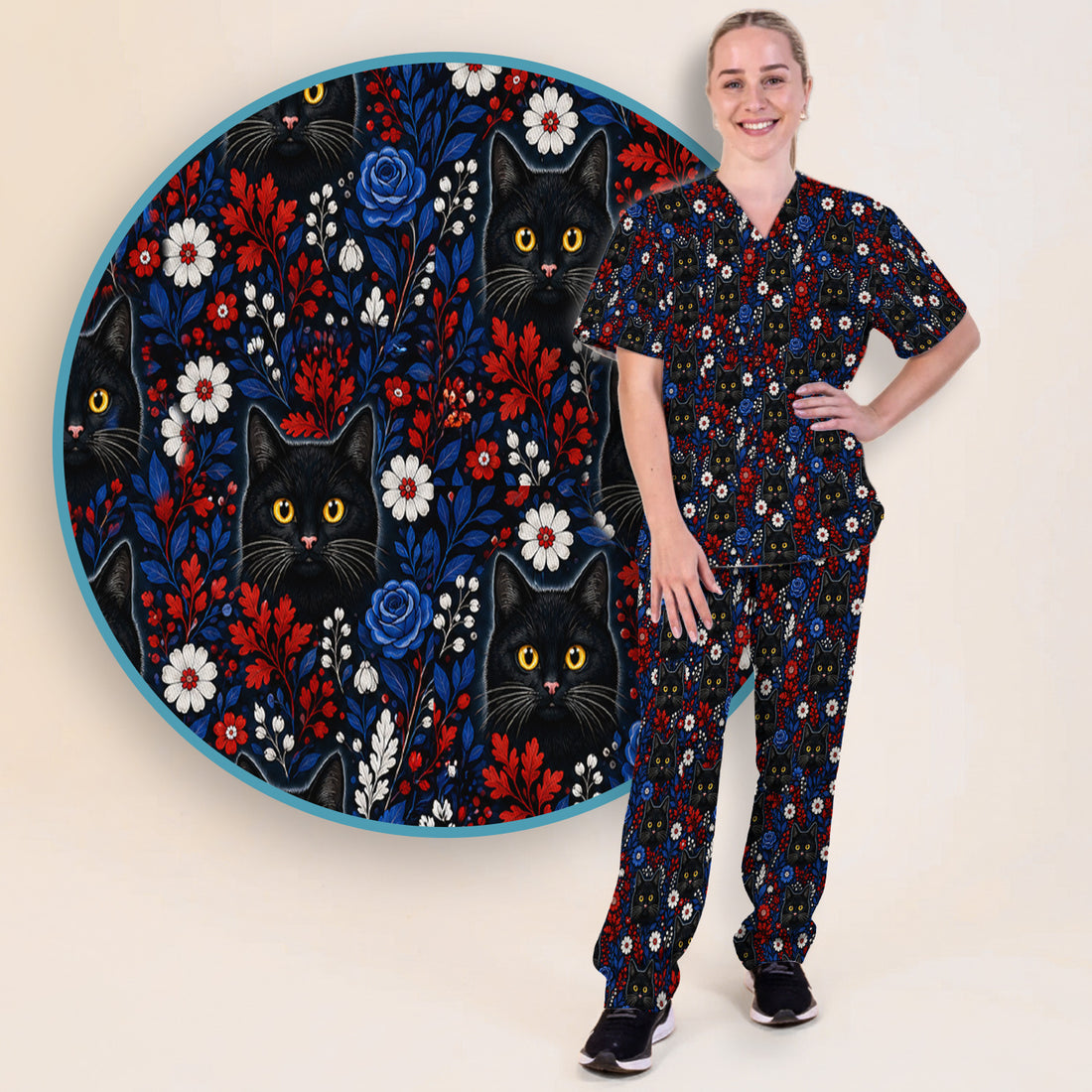 Black Cat Floral Nurse Pattern Scrub Set, Scrub Pants and V Neck Top