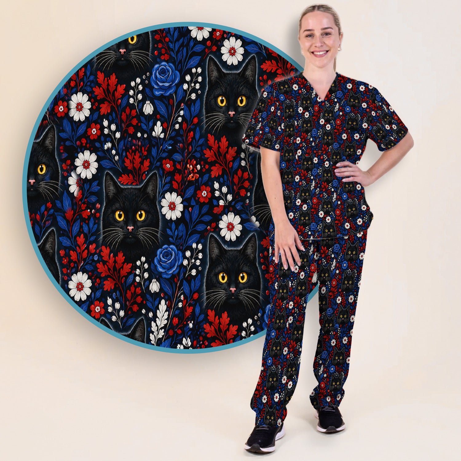 Black Cat Floral Nurse Pattern Scrub Set, Scrub Pants and V Neck Top