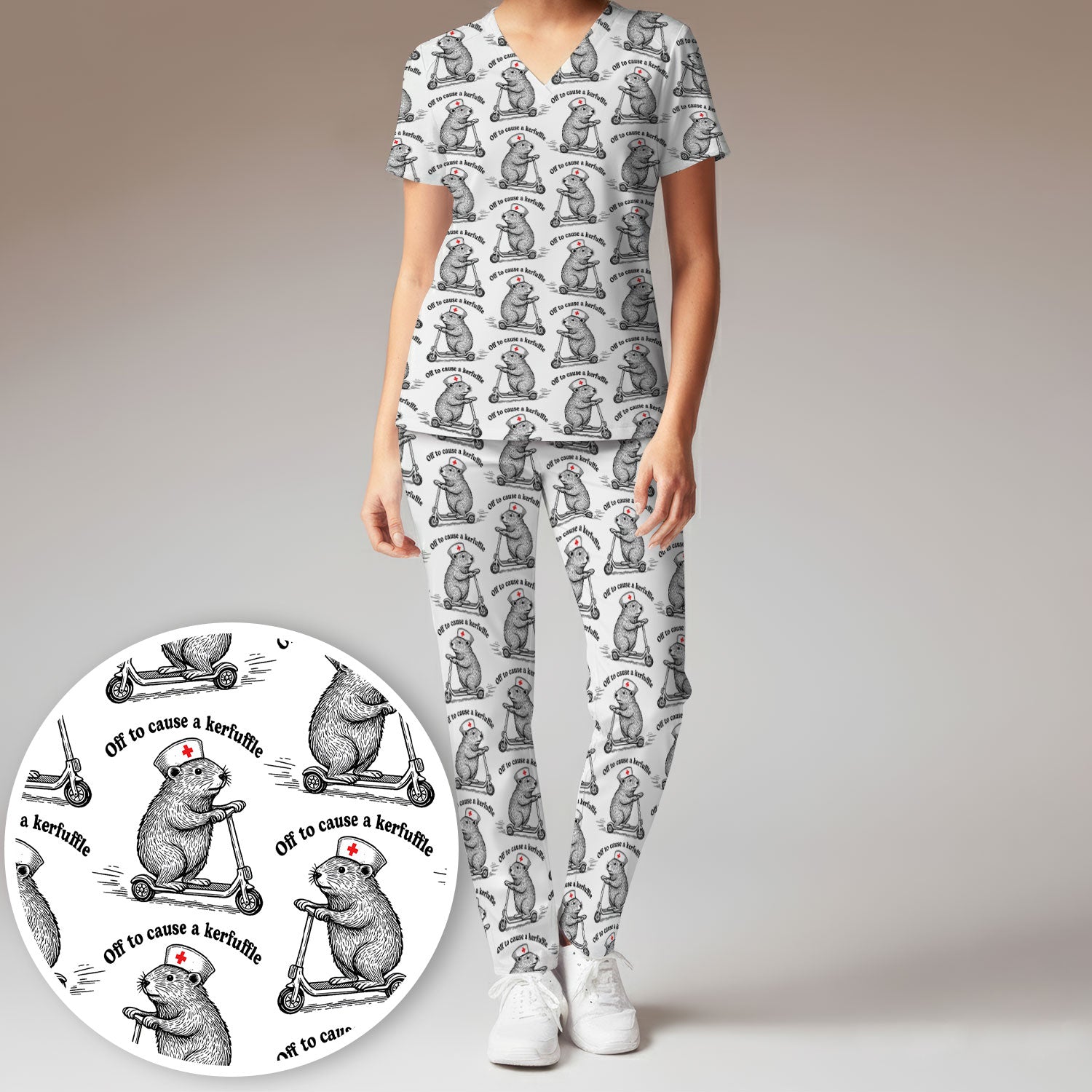 Funny Nurse Mouse Scooter Print Women's Scrub Set, Scrub Pants and V Neck Top