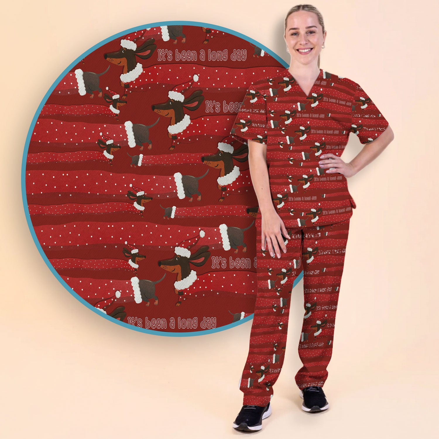 Funny Dachshund Christmas Scrub Set - It's Been a Long Day - Cute Wiener Dog Scrubs Pants and V Neck Top - Medical Uniform for Women