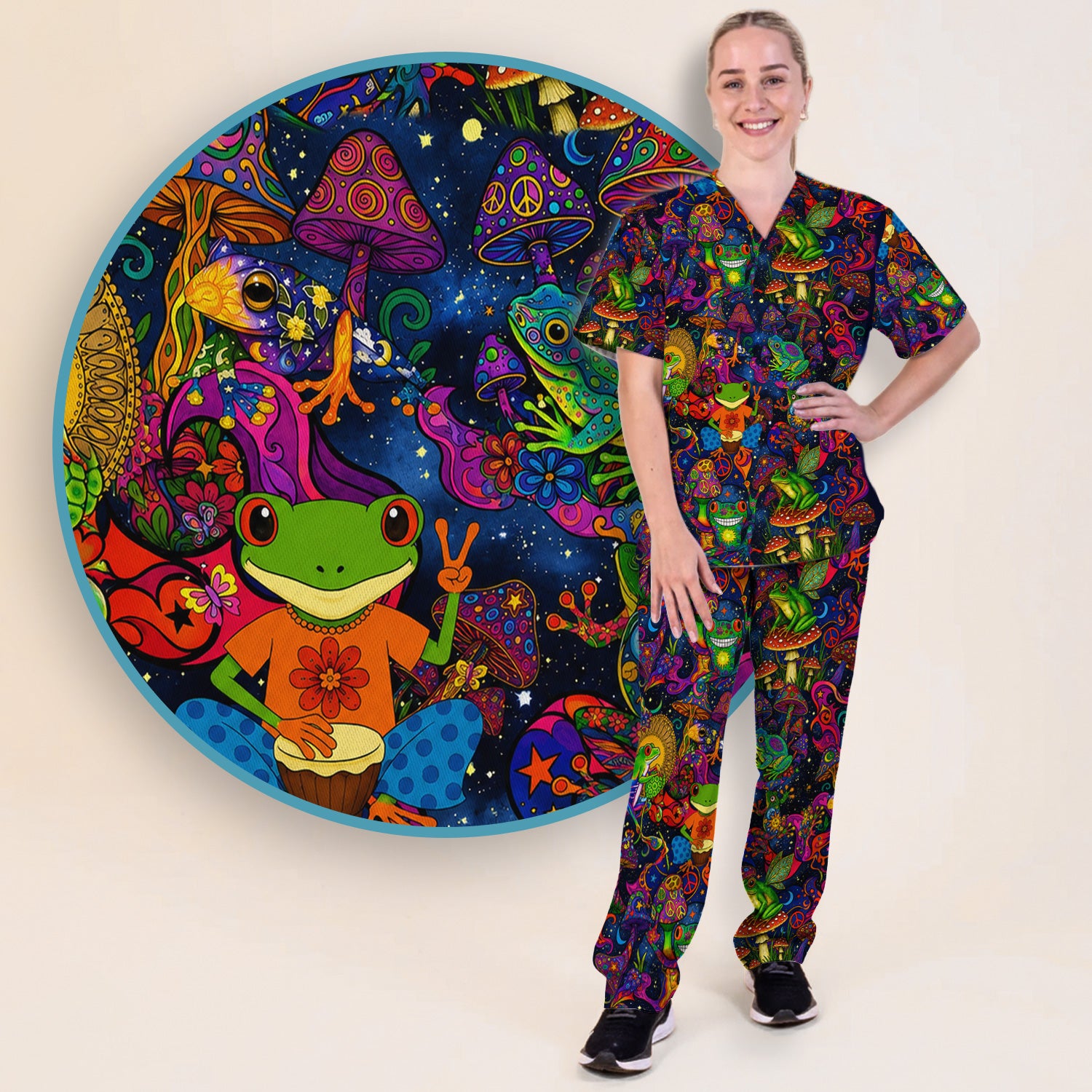 Psychedelic Frog with Mushroom Peace Print Scrub Set, Scrub Pants and V Neck Top