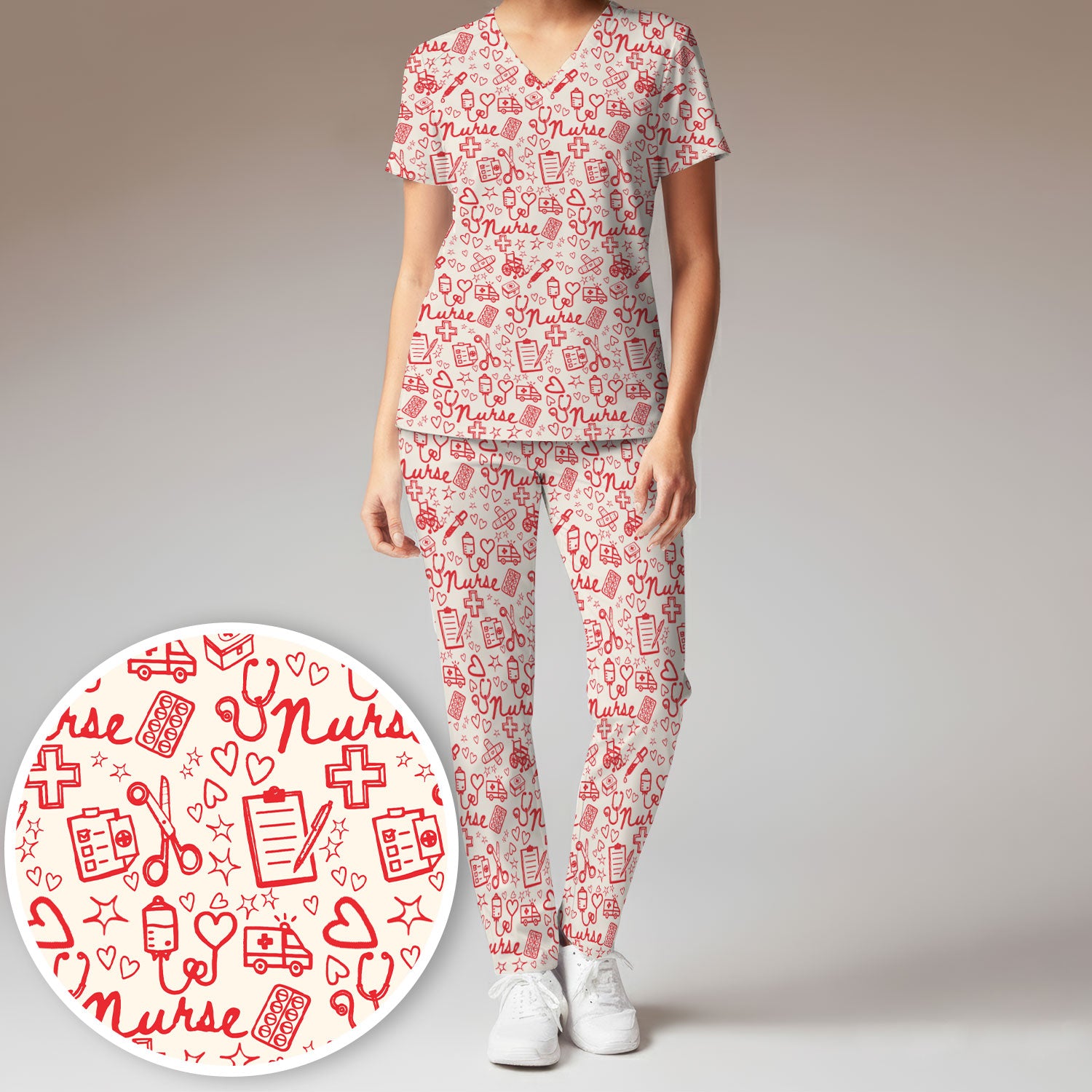 Cute Nurse Heart Medical Pattern Scrub Set, Breathable Med Uniform