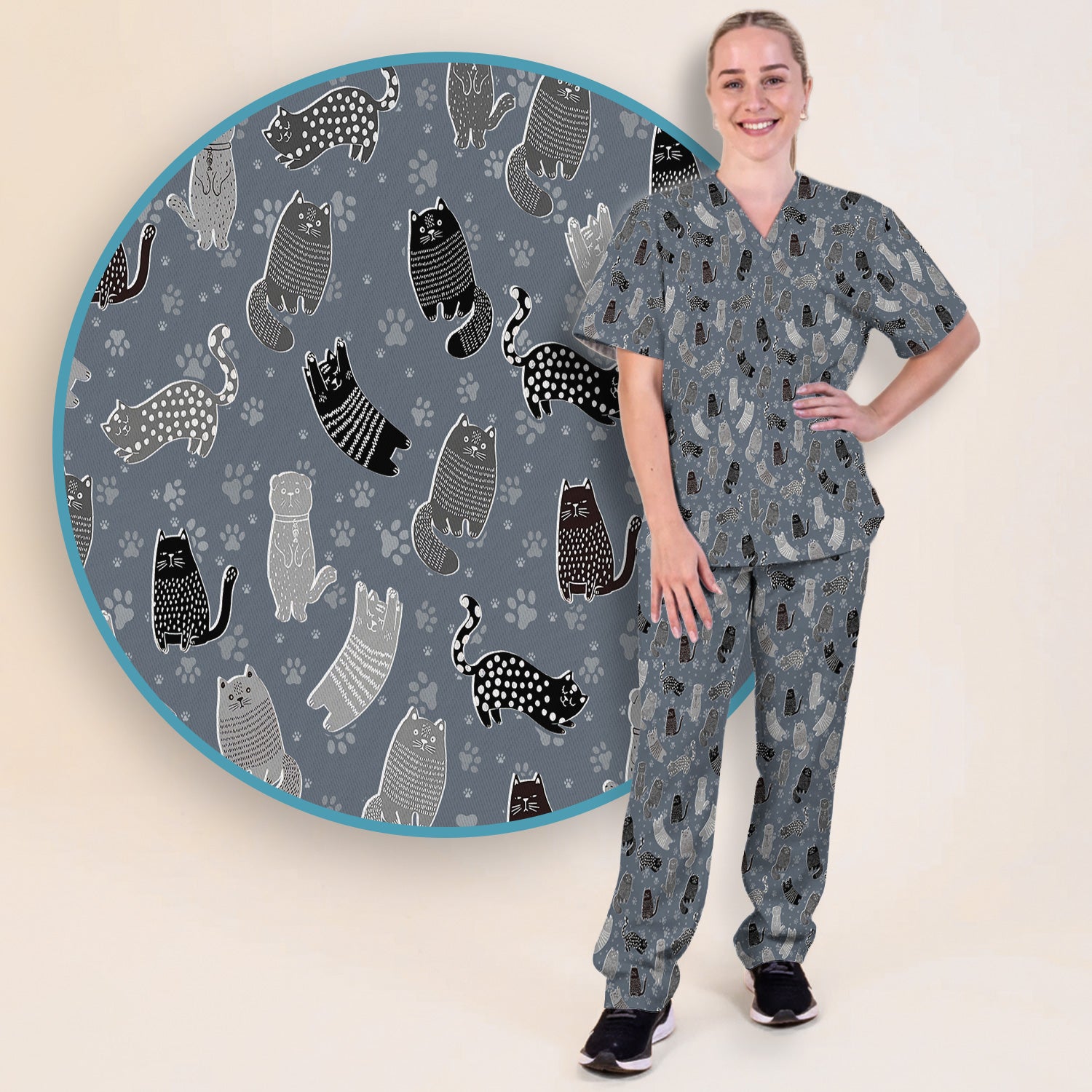 Cute Cat and Paw Print Pattern Scrub Set, Breathable Med Uniform