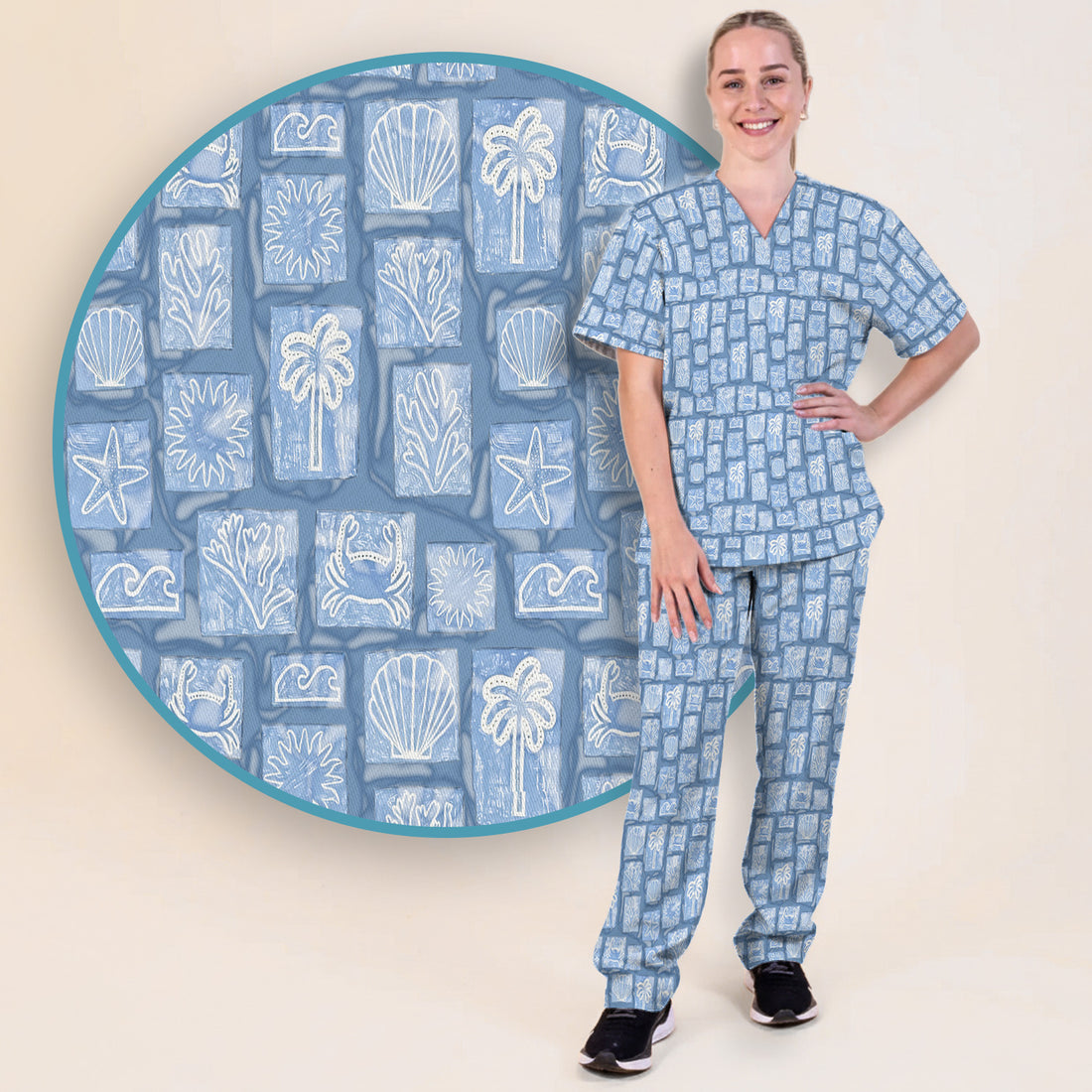 Cute Coastal Seashell Starfish Nurse Pattern Scrub Set, Scrub Pants and V Neck Top