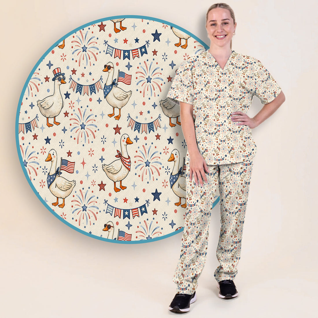 Patriotic Goose Fourth Of July Pattern Scrub Set, Scrub Pants and V Neck Top