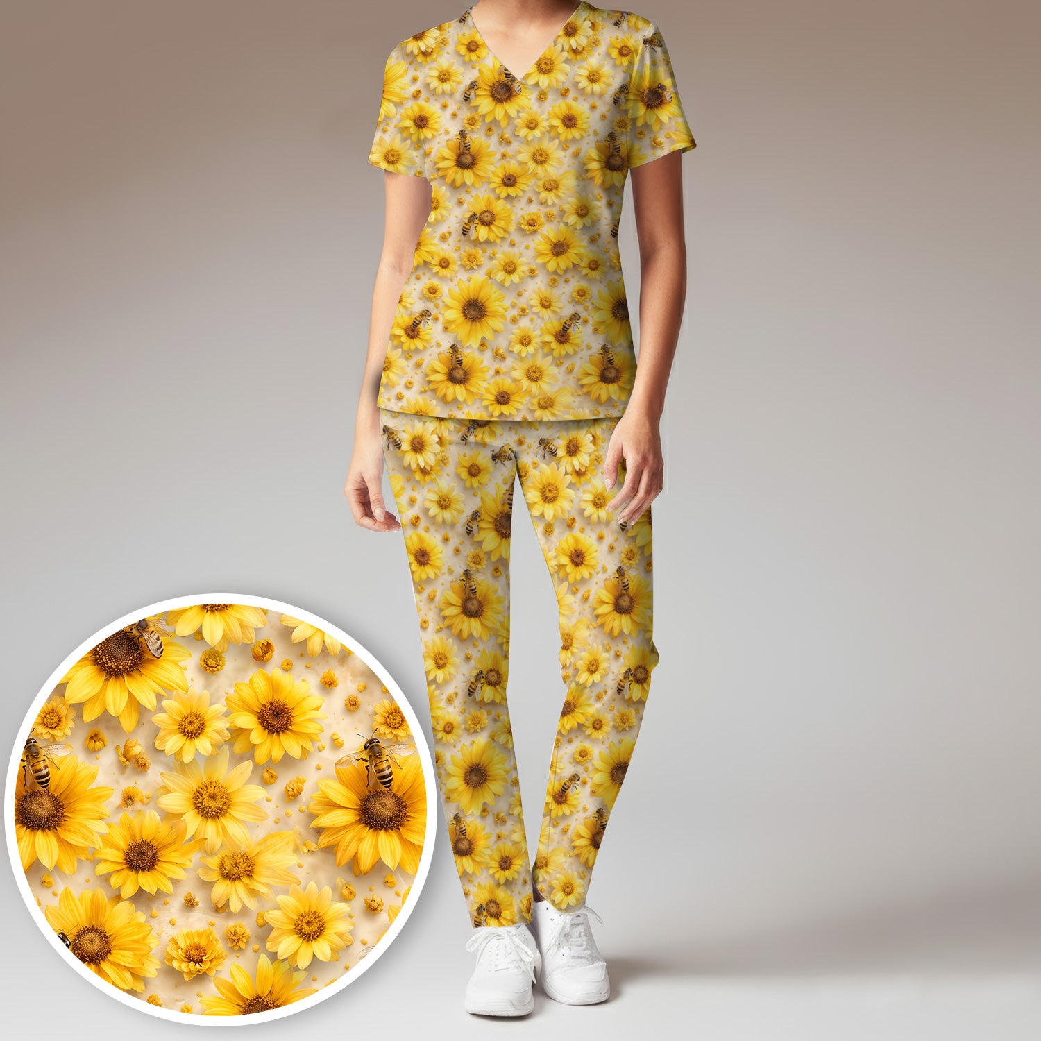 Yellow Sunflower Bee Garden Bloom Pattern Scrub Set, Scrub Pants and V Neck Top
