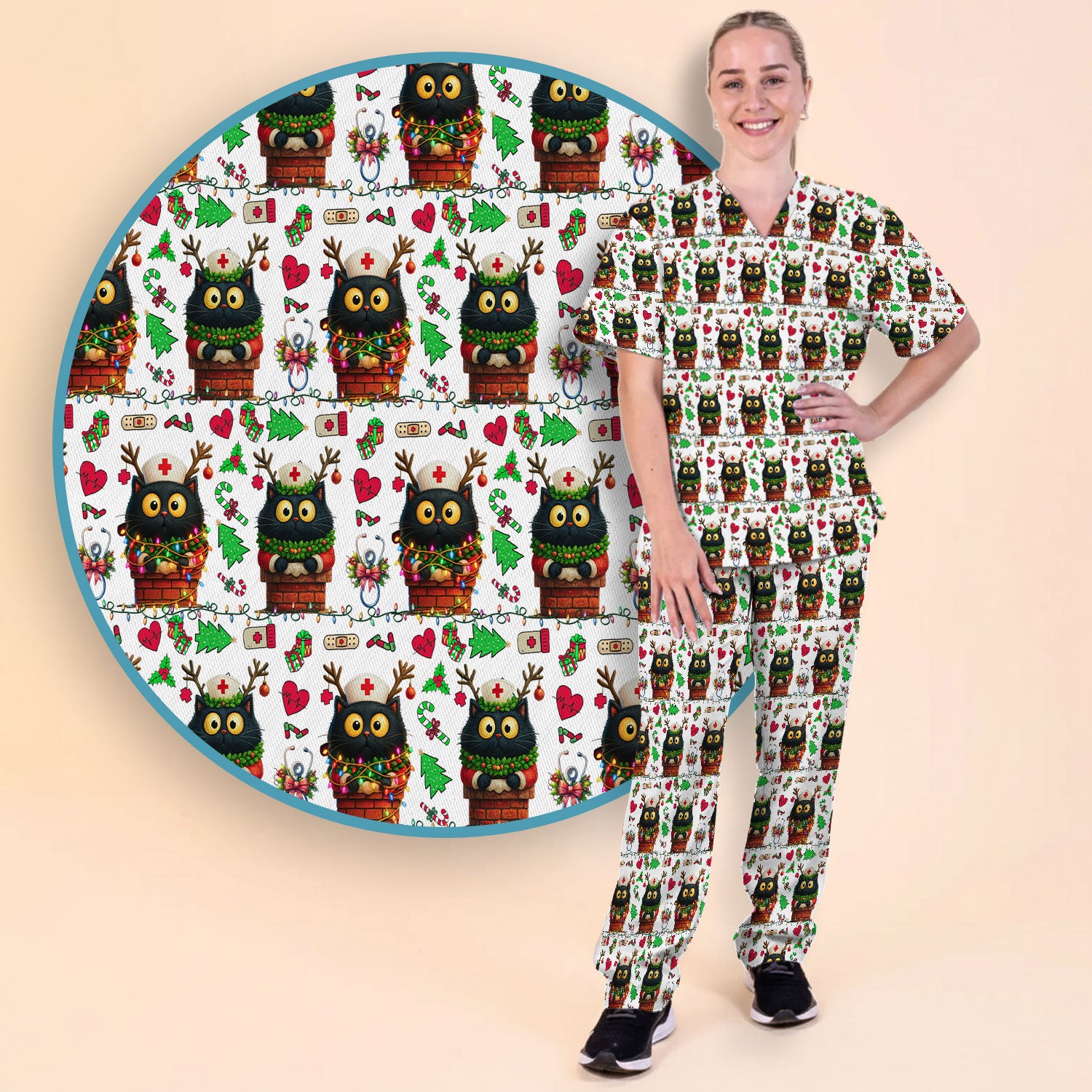Christmas Black Cat Scrub Set for Nurse - Cute Reindeer Cat with Xmas Lights Pants and V Neck Top - Festive Holiday Medical Uniform