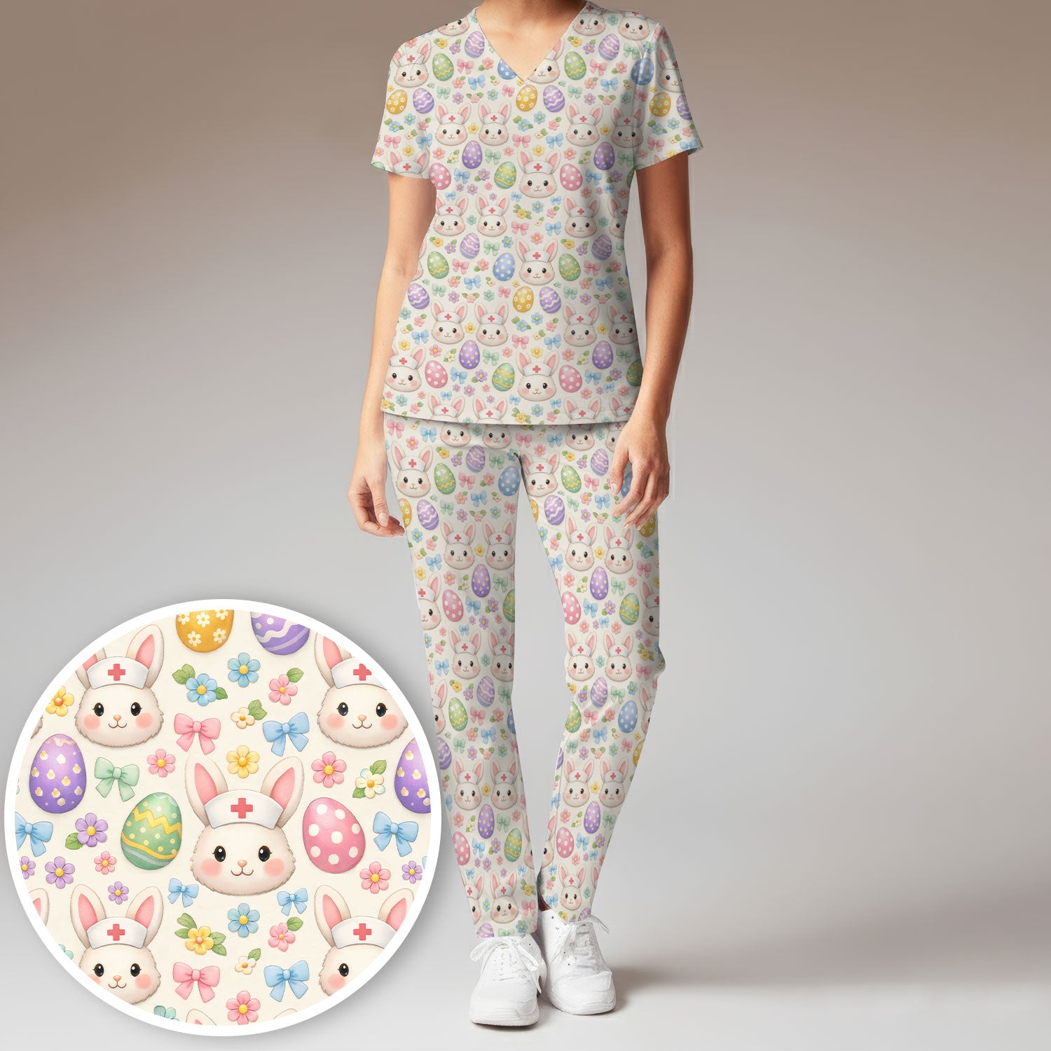 Cute Easter Nurse Bunny Egg Scrub Set, Scrub Pants and V Neck Top