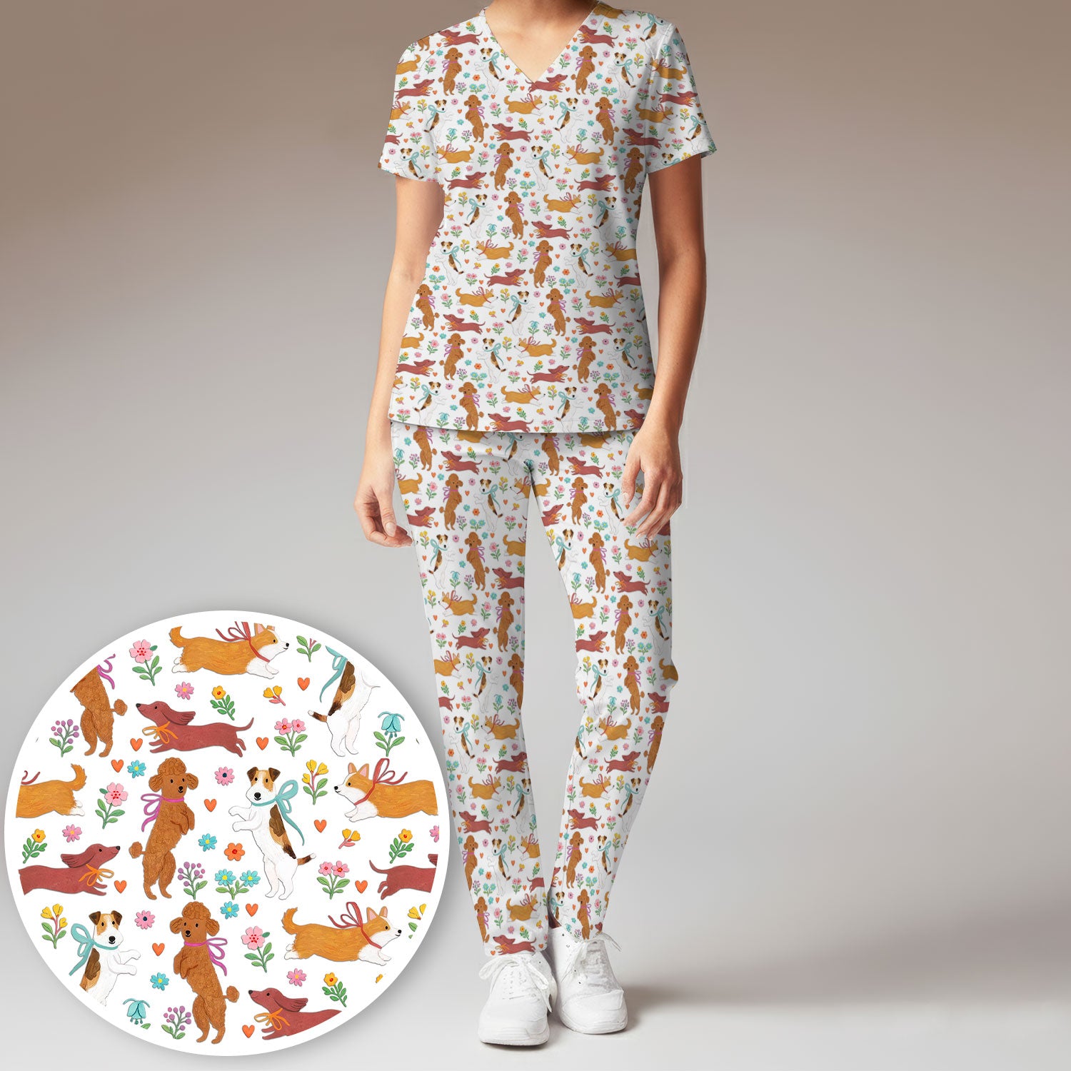 Cute Cartoon Dog Print Women's Scrub Set, Scrub Pants and V Neck Top