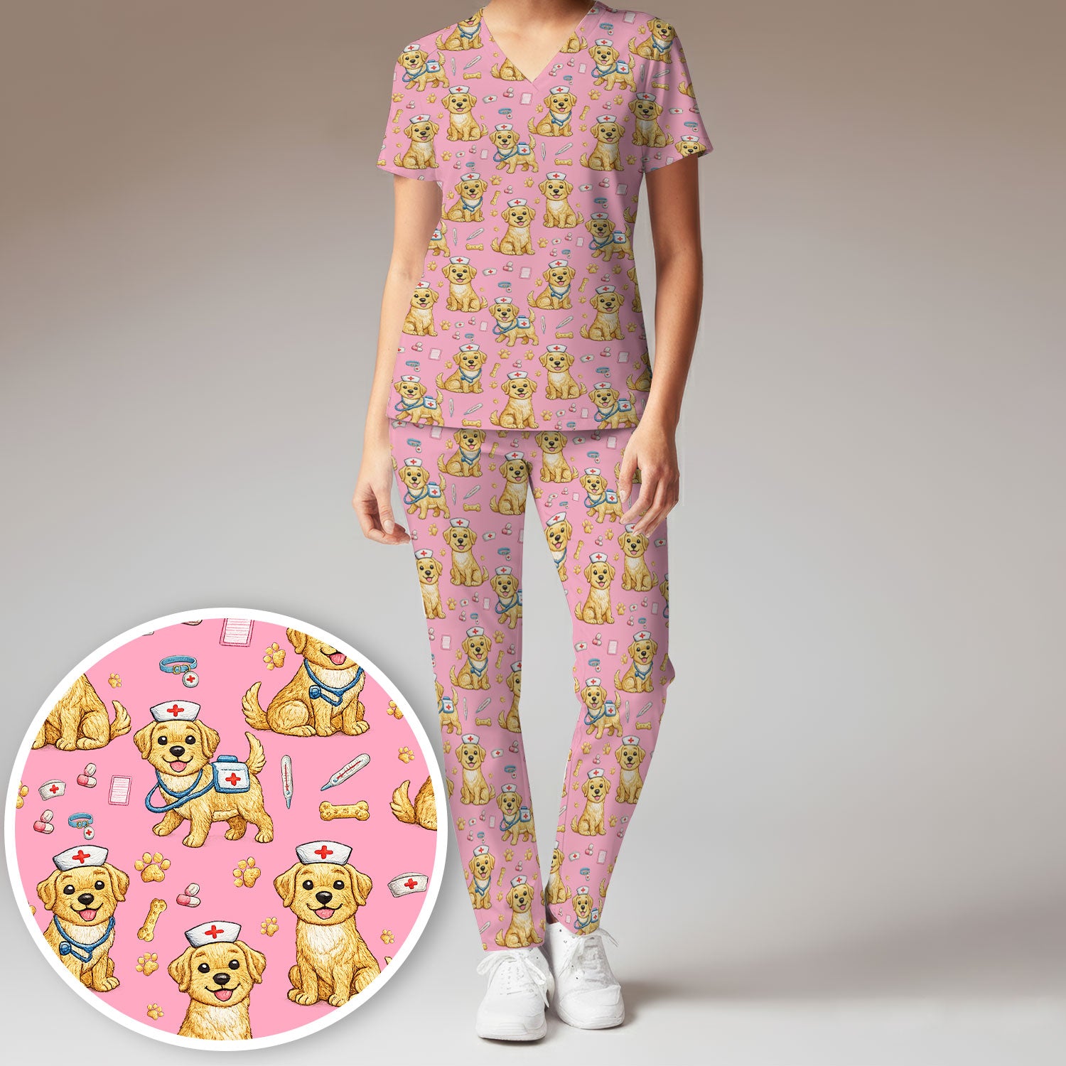 Cute Puppy Nurse Medical Print Women’s Scrub Set, Scrub Pants and V Neck Top