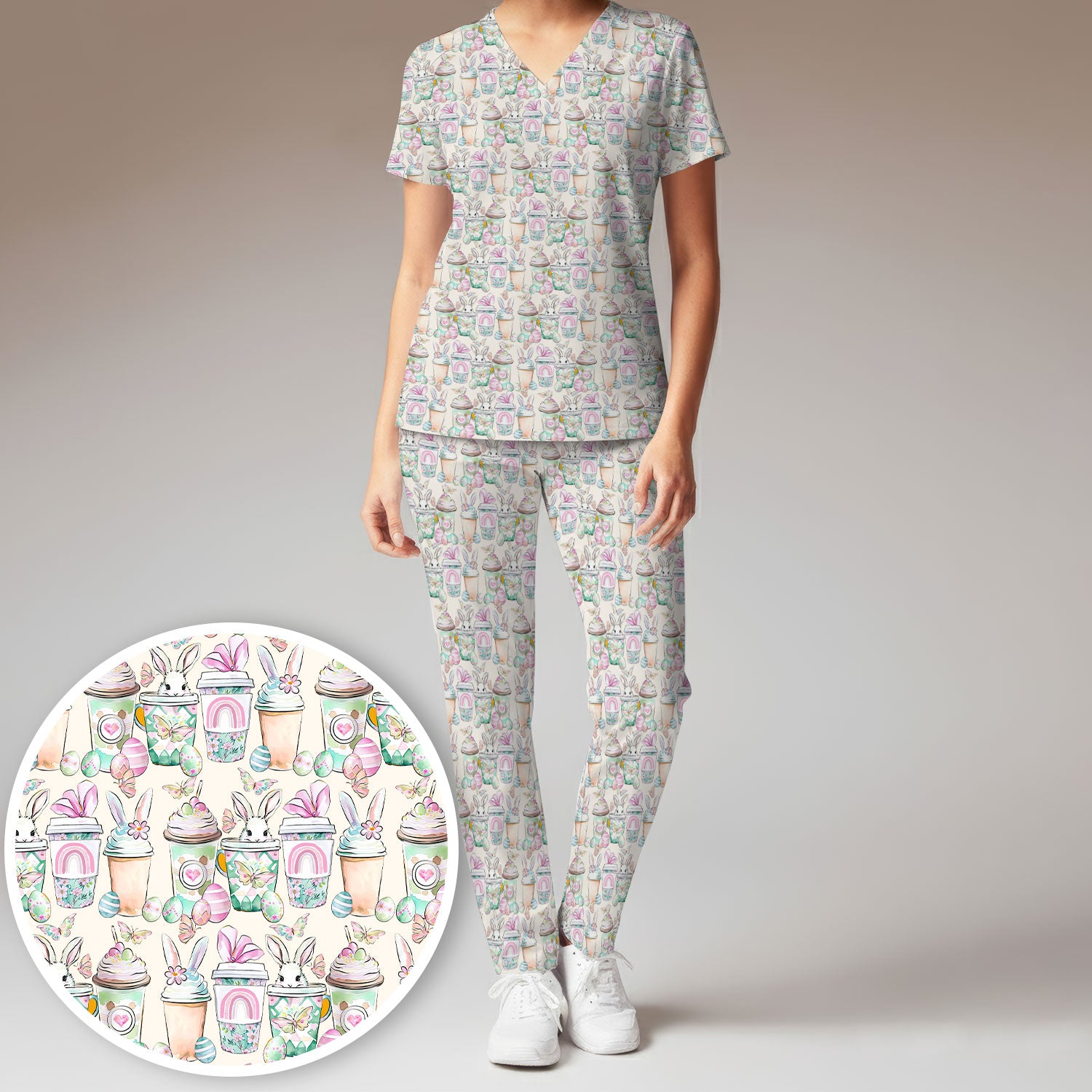 Cute Easter Bunny Coffee Cup Pattern Scrub Sets, Scrub Pants and V Neck Top