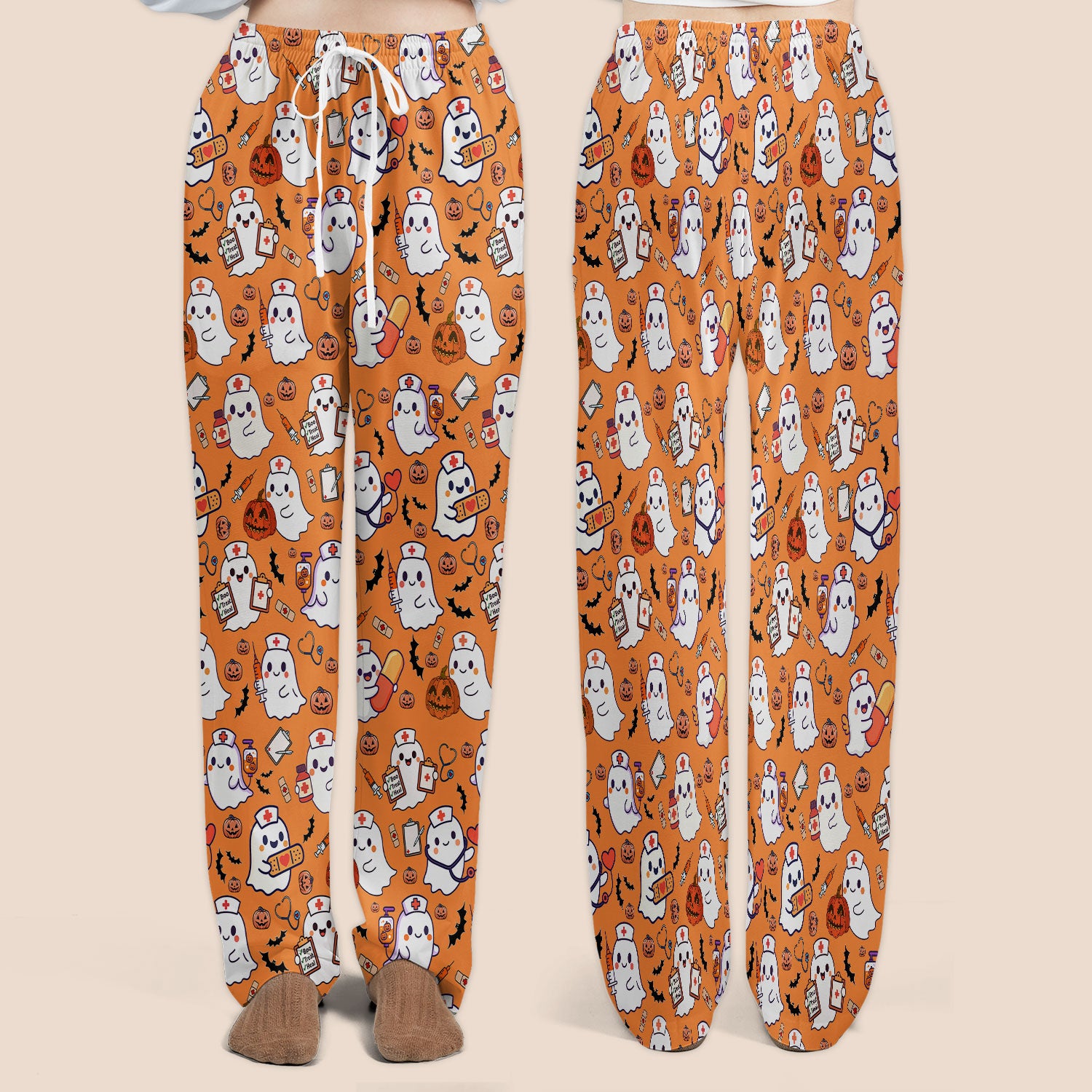 Women's Scrub Sets Halloween Gift - Comfortable Scrubs for Nurses - Pumpkin Ghost Scrub Pants and V Neck Top